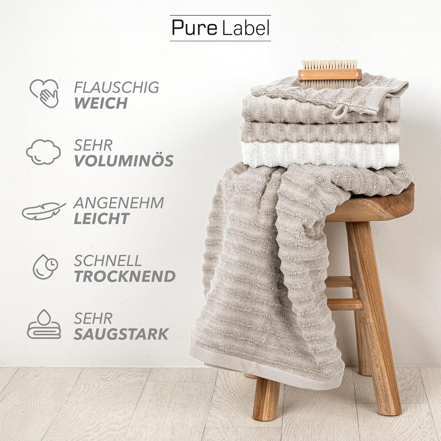 Pure Label 6-Piece Hand Towel Set with Hanging Loops Made of 100% Cotton, Absorbent and Soft, 2 x Bath Towels (70 x 140 cm), 2 x Hand Towels (50 x 100 cm), 2 x Guest Towels (30 x 50 cm),