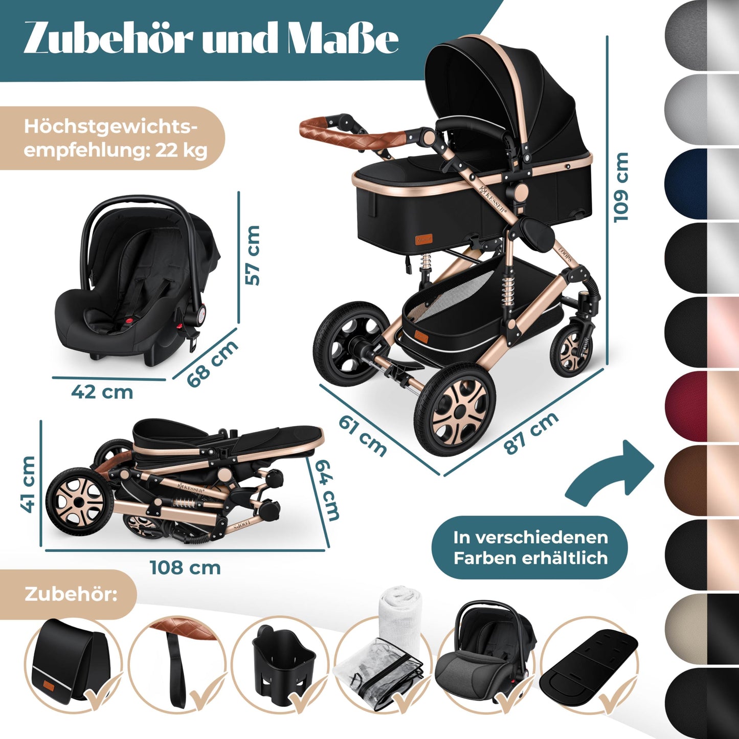 Kesser® Loops 3-in-1 Combination Pram, Complete Set Including Baby Tub & Buggy Sports Seat & Baby Car Seat, Full Rubber Tyres