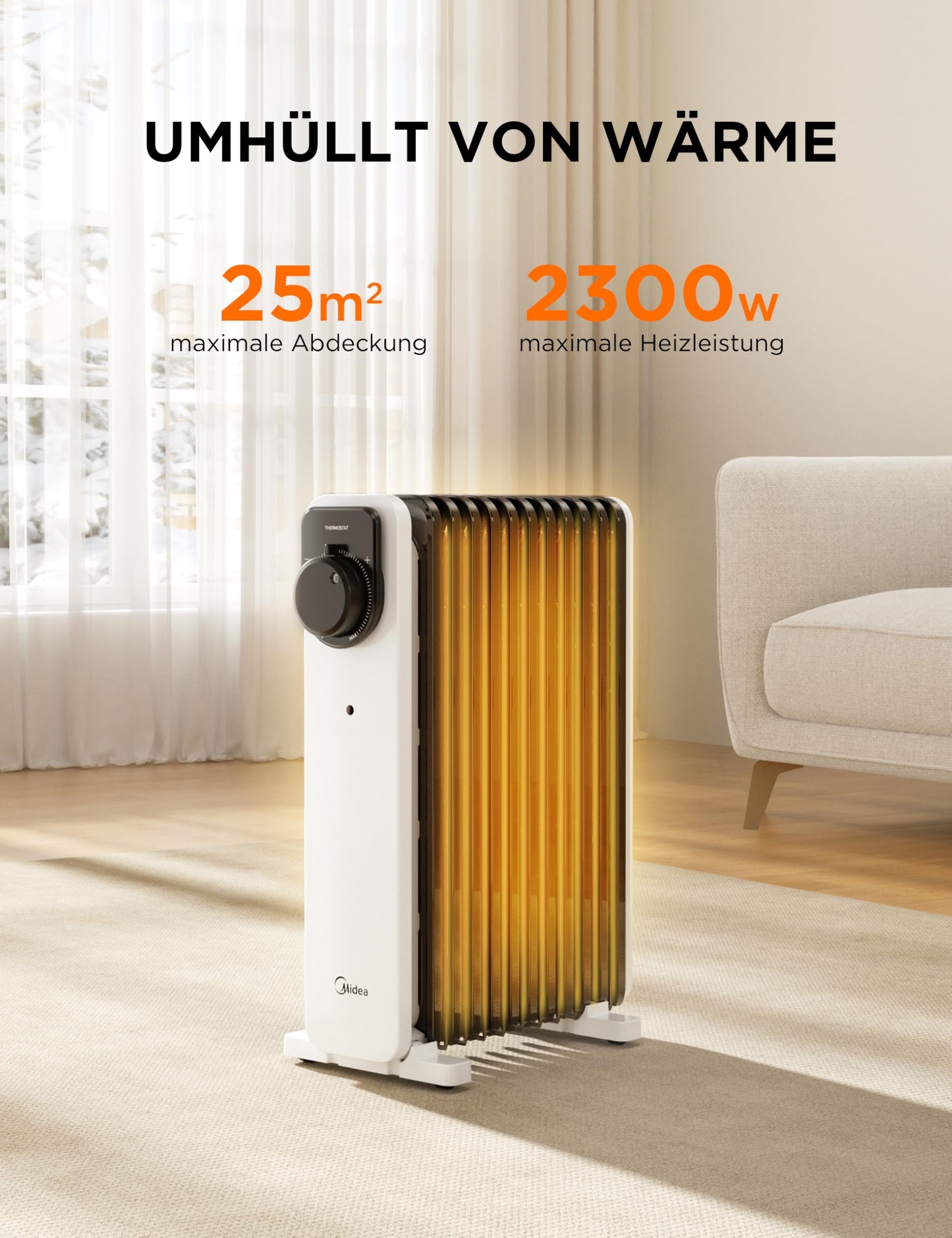 2300W 11 Rippen tragbarer Elektroheizer mit Drehknopfregelung und einstellbarem Thermostat, 3 Heizstufen, Kipp- und Überhitzungsschutz, ultra-leise im Büro & Zuhause