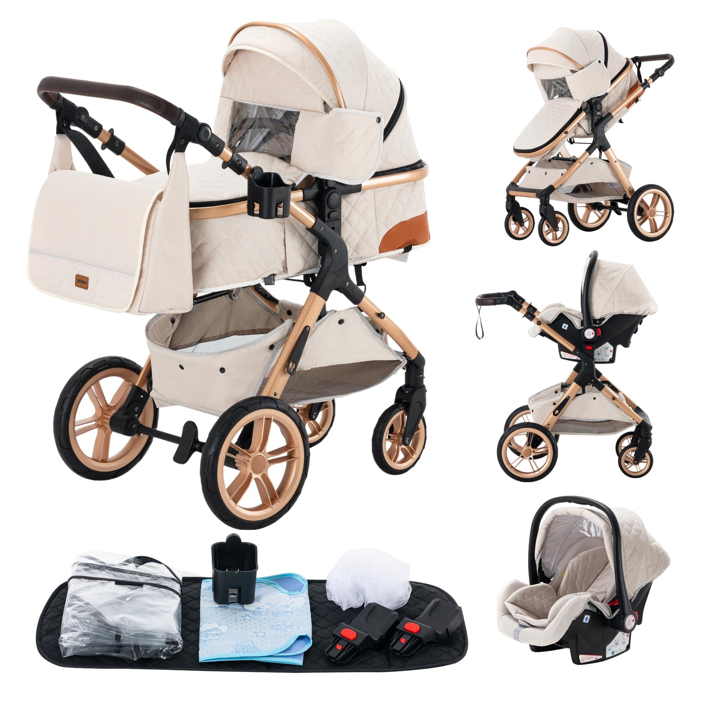YAZOCO kinderwagen 3 in 1 Buggy Babybett Komplett Set Einem Klick Zusammenklappbarer Kinderwagen, KombiKinderwagen Aluminiumrahmen für Neugeborene