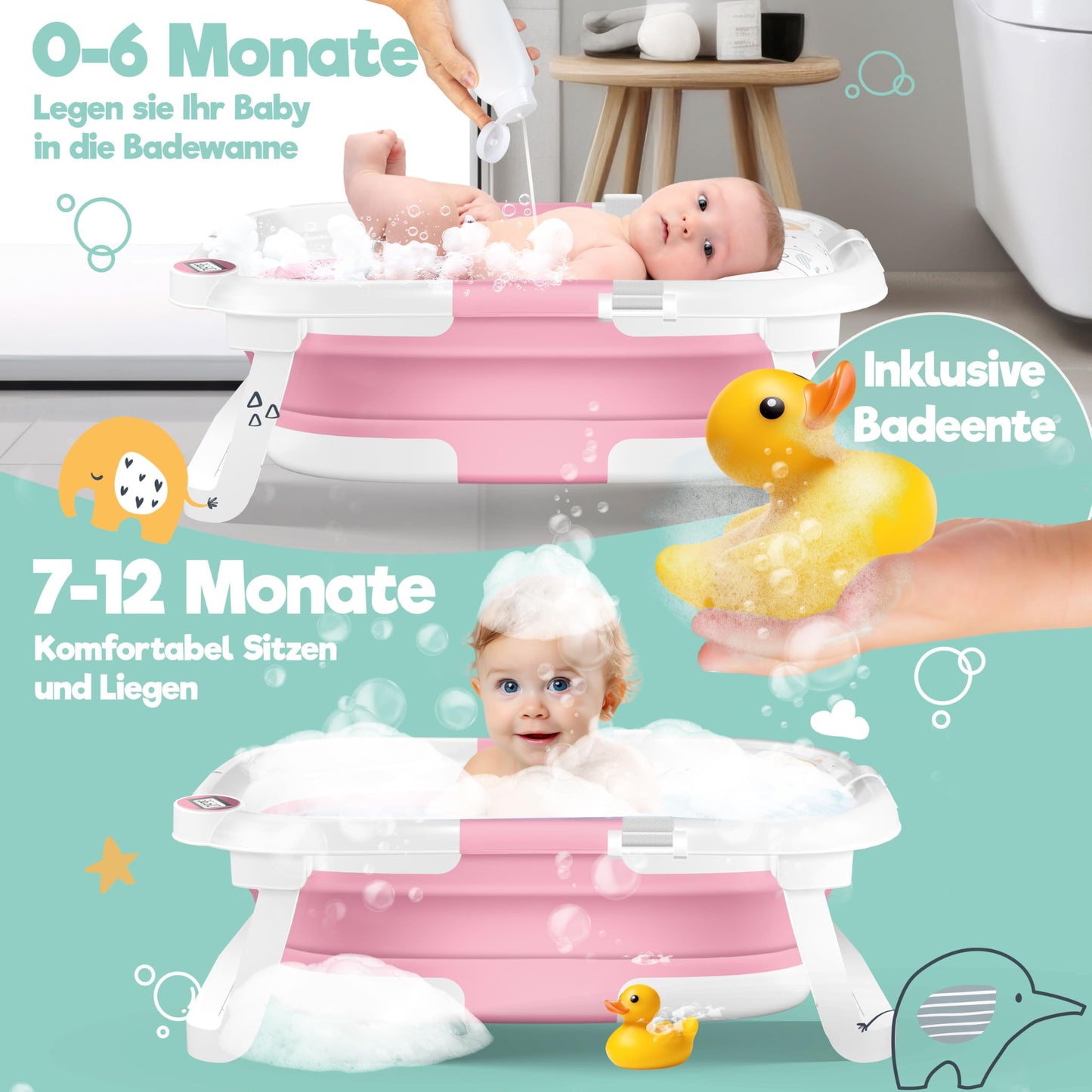 Baby Badewanne | Babywanne platzsparend & faltbar mit Thermostat & Kissen
