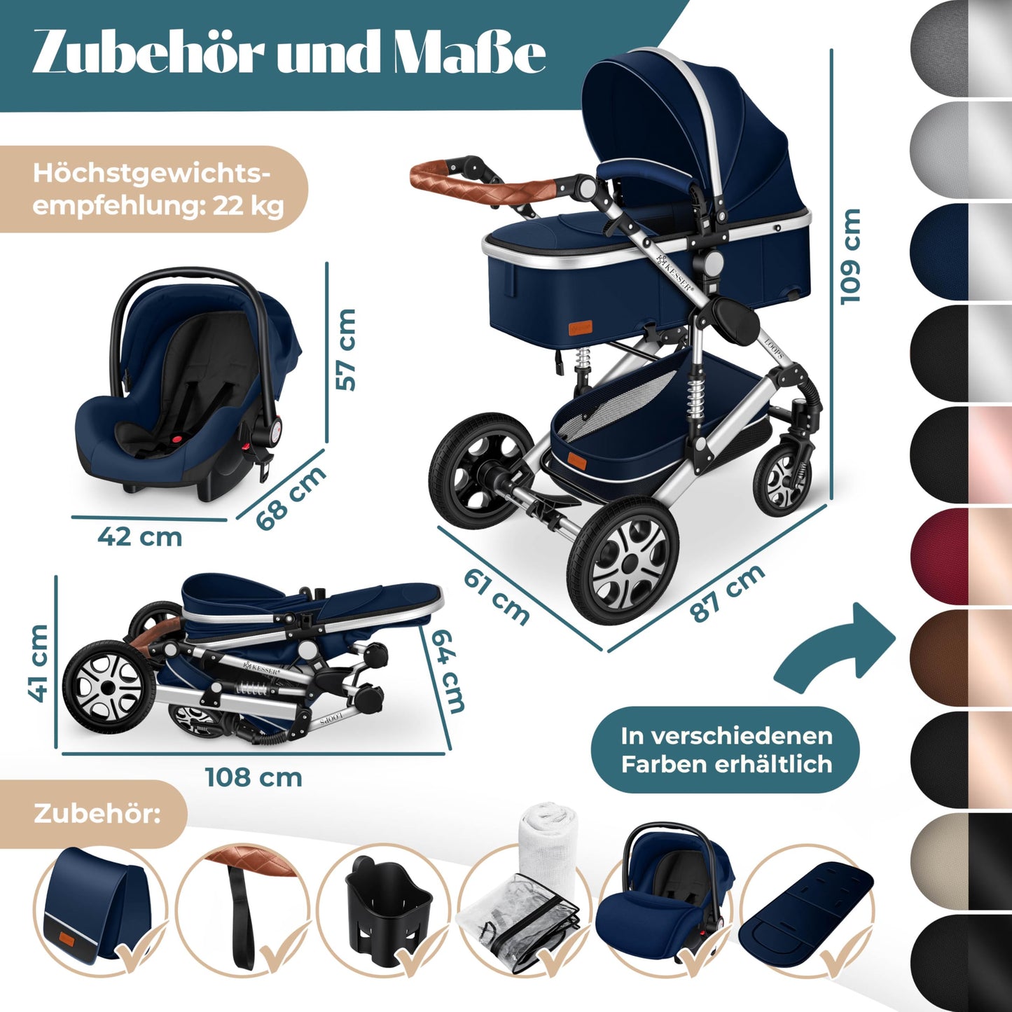 Kesser® Loops 3-in-1 Combination Pram, Complete Set Including Baby Tub & Buggy Sports Seat & Baby Car Seat, Full Rubber Tyres