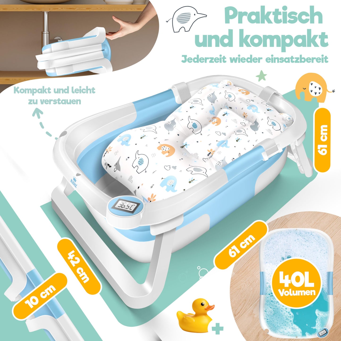 Baby Badewanne | Babywanne platzsparend & faltbar mit Thermostat & Kissen