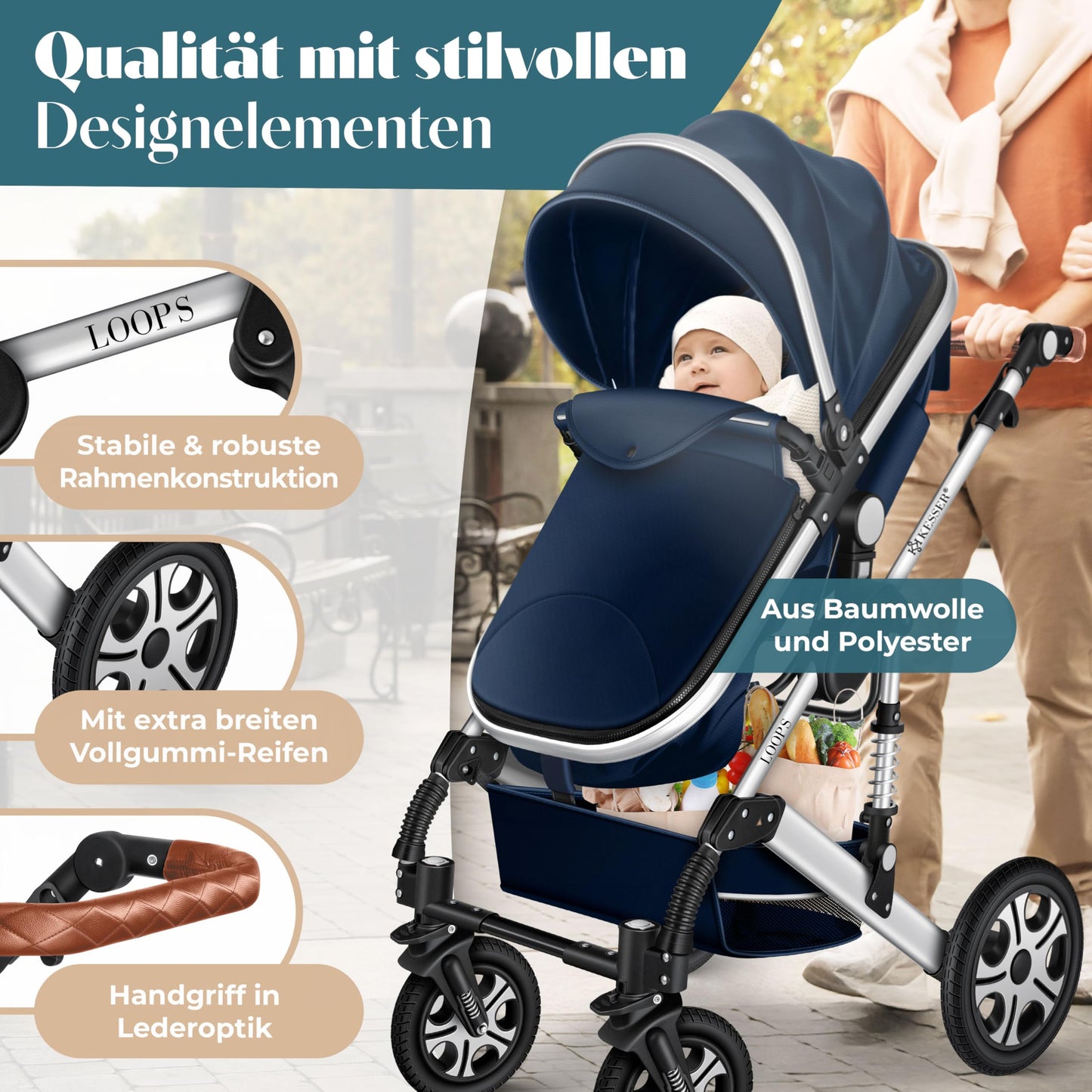 Kesser® Loops 3-in-1 Combination Pram, Complete Set Including Baby Tub & Buggy Sports Seat & Baby Car Seat, Full Rubber Tyres