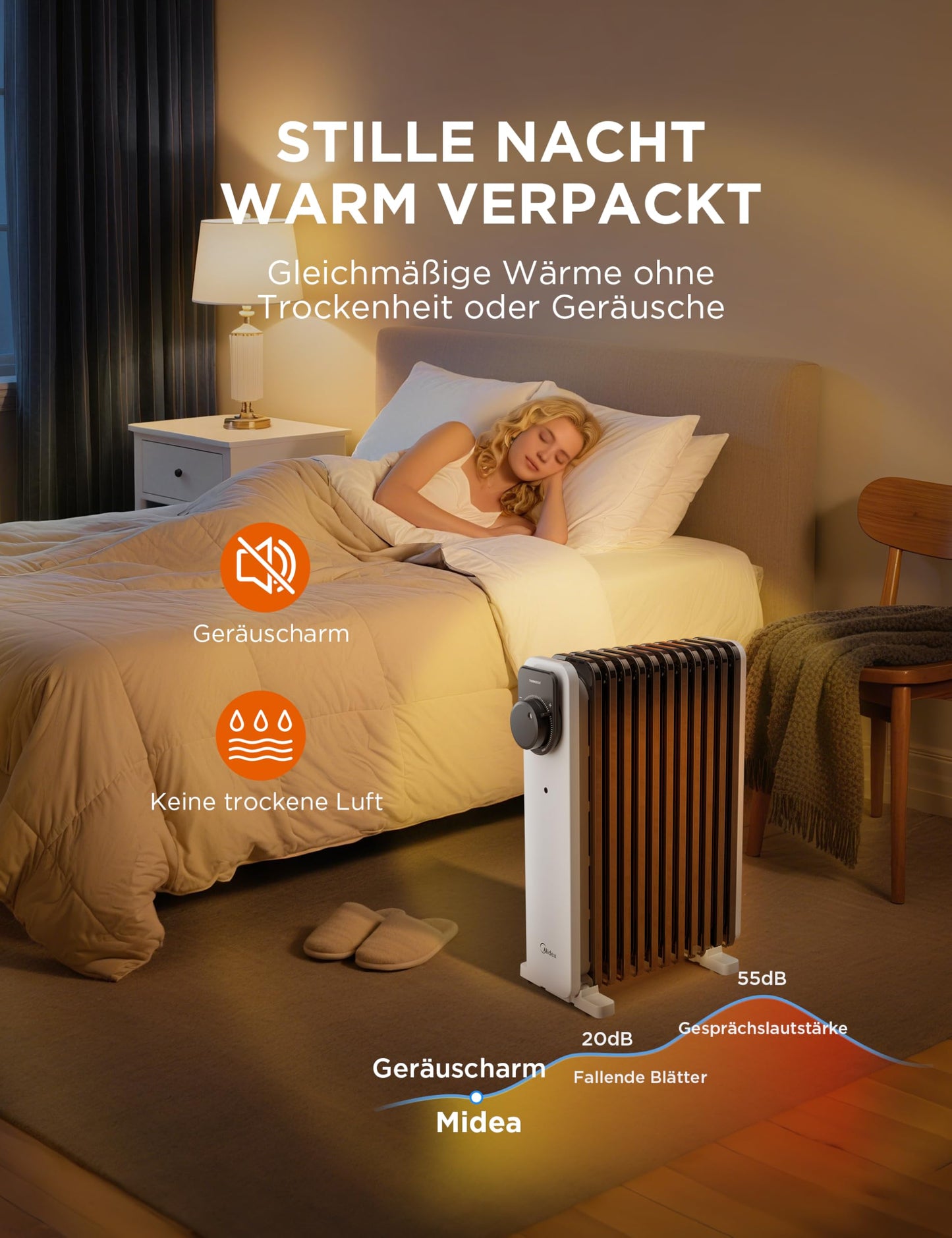 2300W 11 Rippen tragbarer Elektroheizer mit Drehknopfregelung und einstellbarem Thermostat, 3 Heizstufen, Kipp- und Überhitzungsschutz, ultra-leise im Büro & Zuhause