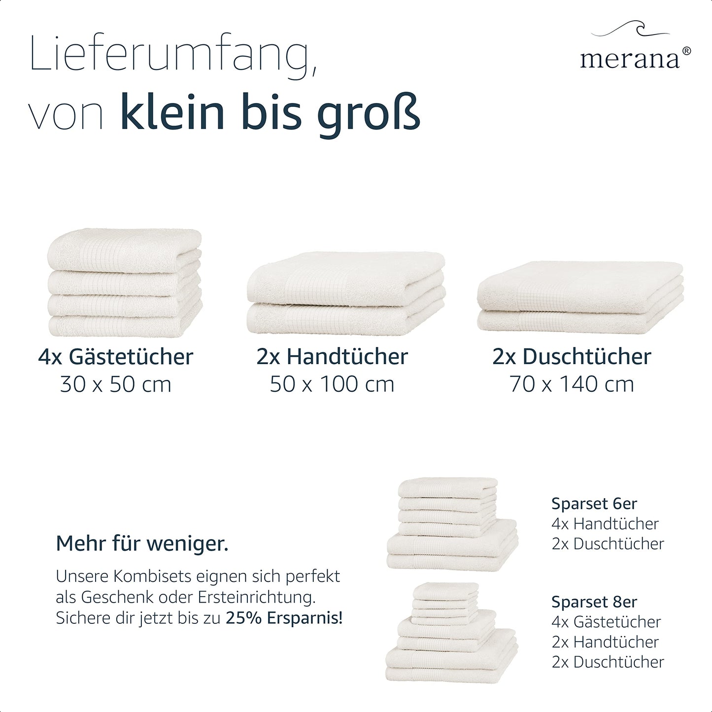 Merana Rome Handtuch Set | saugstark, weich und fusselfrei | Frottier Luxus Qualität | 100% Baumwolle | Oeko-TEX | 4 x Gästetücher (30x50cm))