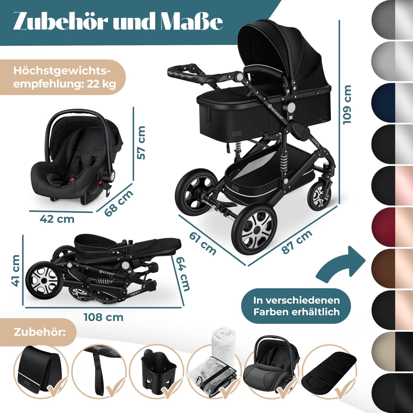 Kesser® Loops 3-in-1 Combination Pram, Complete Set Including Baby Tub & Buggy Sports Seat & Baby Car Seat, Full Rubber Tyres