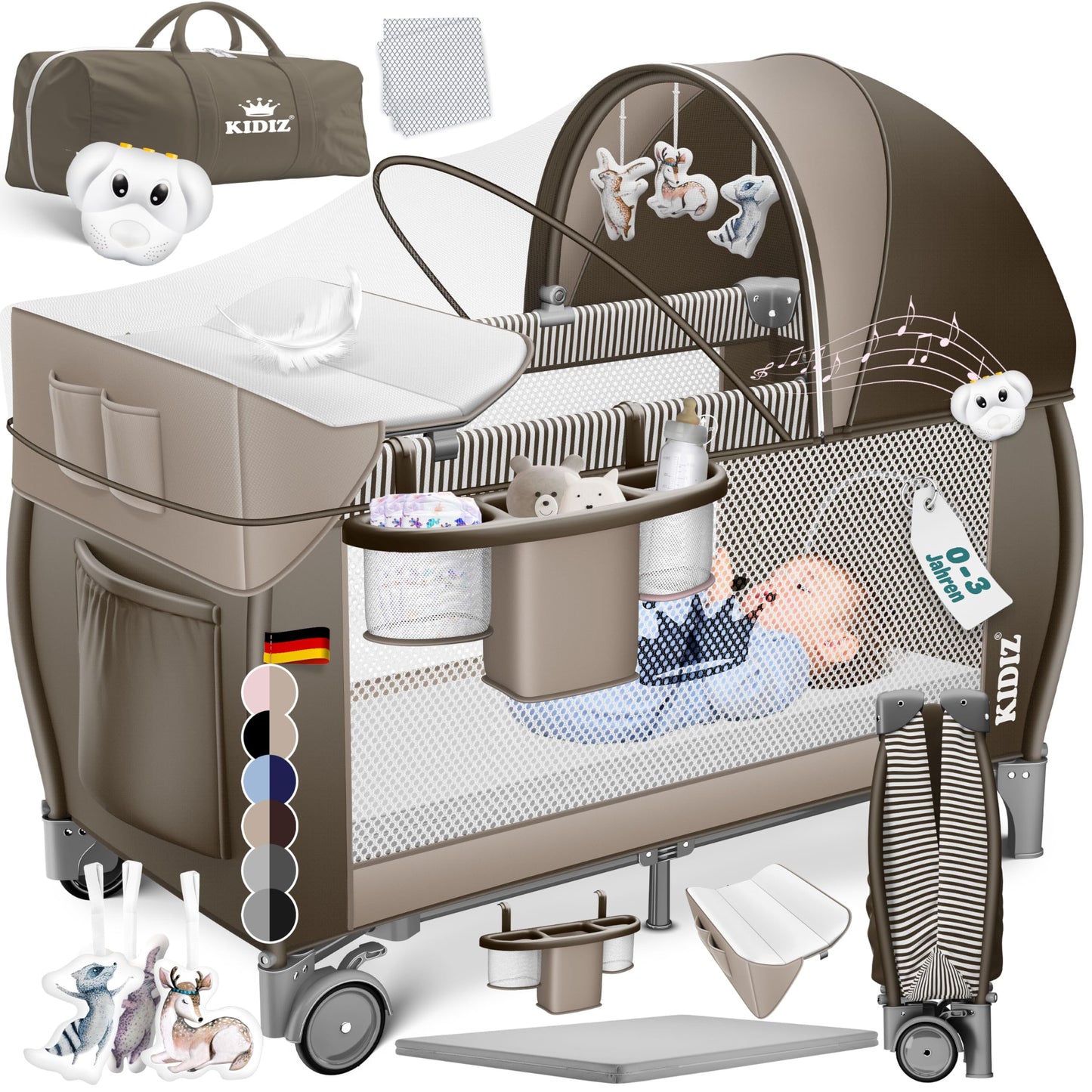 Kidiz Baby Cot, Travel Cot, Foldable with Mattress and Wheels, 120 x 60 cm, Side Entrance