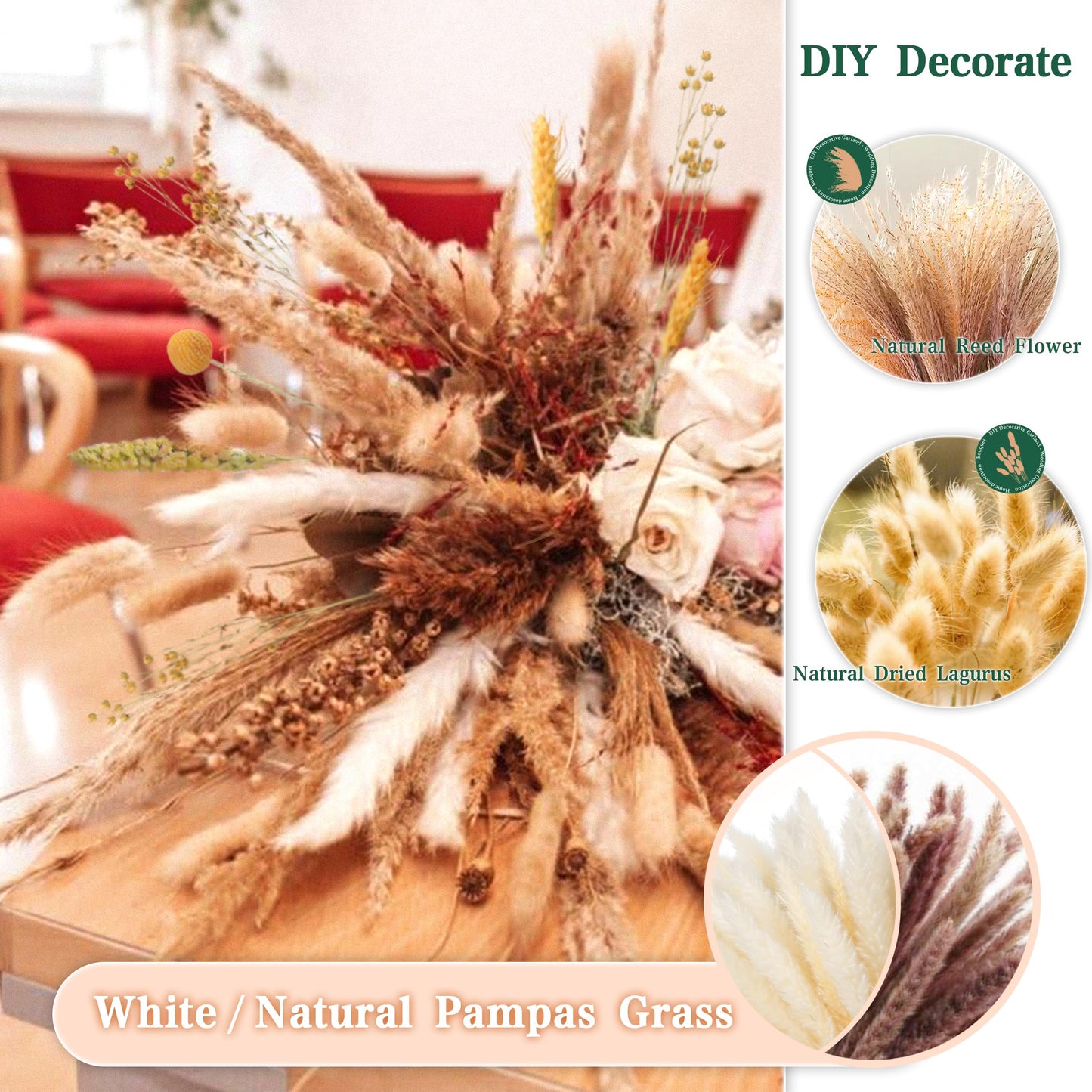 Pampasgras Getrocknet - Natürliche, Braun, Trockenblumen Strauß Dried Flowers, für Heim Decor