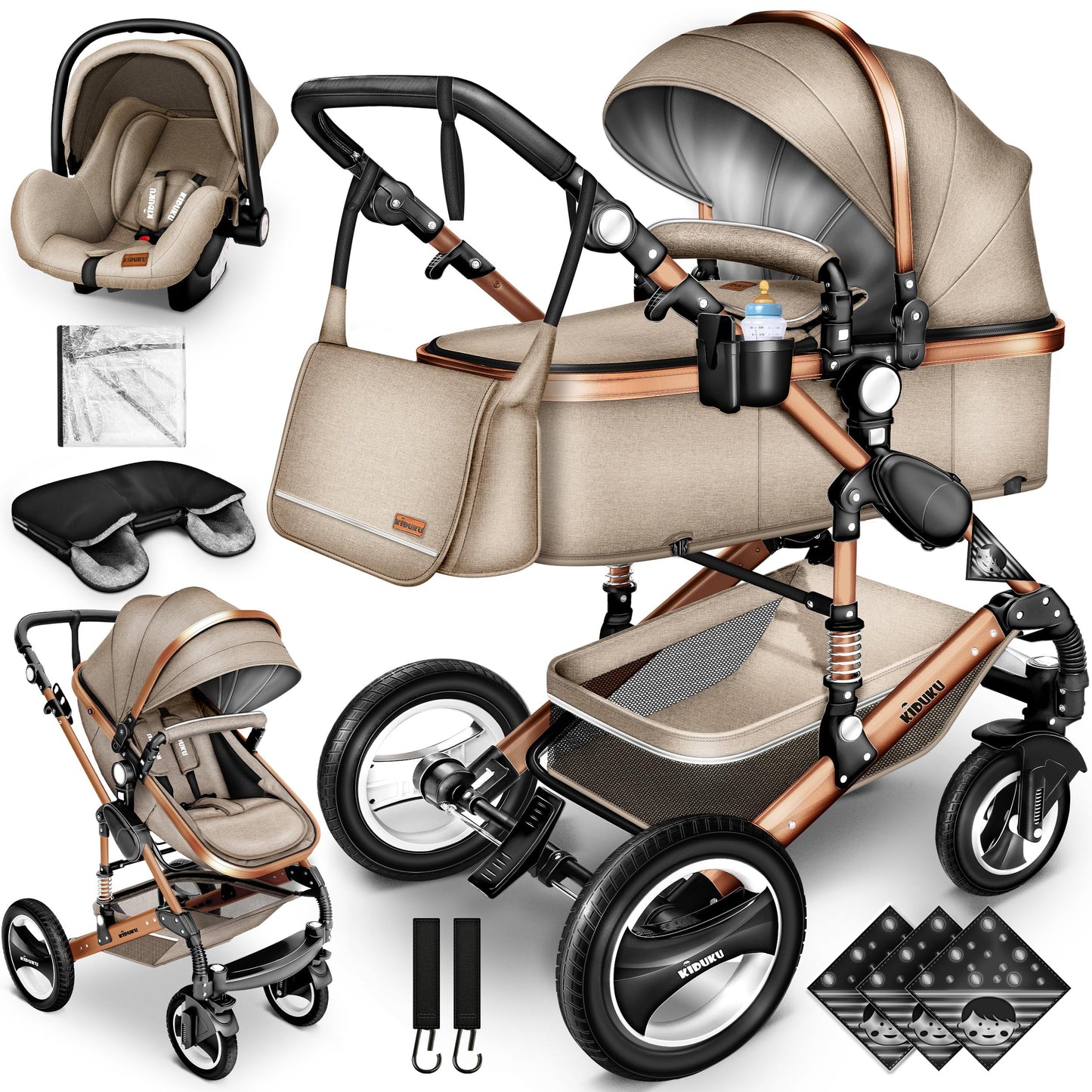 3-in-1 XXL Complete Pram Set incl. Baby Carrycot, Buggy, Sports Seat & Car Seat