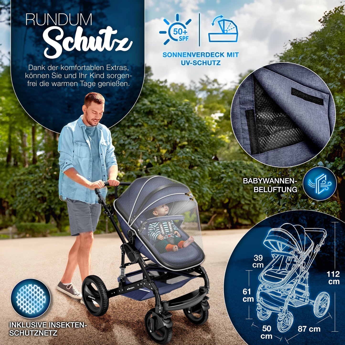 3-in-1 XXL Complete Pram Set incl. Baby Carrycot, Buggy, Sports Seat & Car Seat