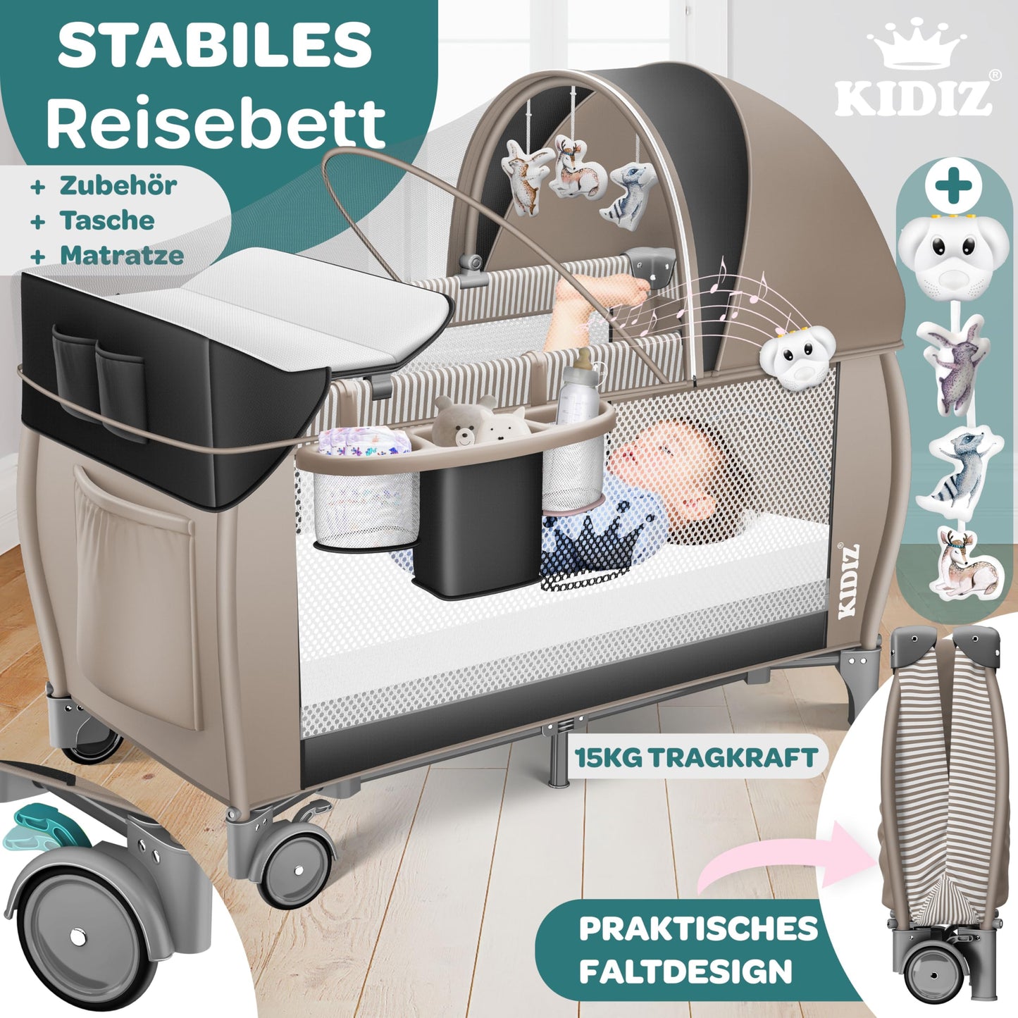 Kidiz Baby Cot, Travel Cot, Foldable with Mattress and Wheels, 120 x 60 cm, Side Entrance
