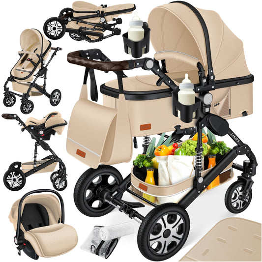 Kesser® Loops 3-in-1 Combination Pram, Complete Set Including Baby Tub & Buggy Sports Seat & Baby Car Seat, Full Rubber Tyres