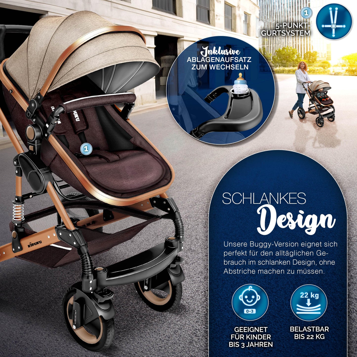 3-in-1 XXL Complete Pram Set incl. Baby Carrycot, Buggy, Sports Seat & Car Seat