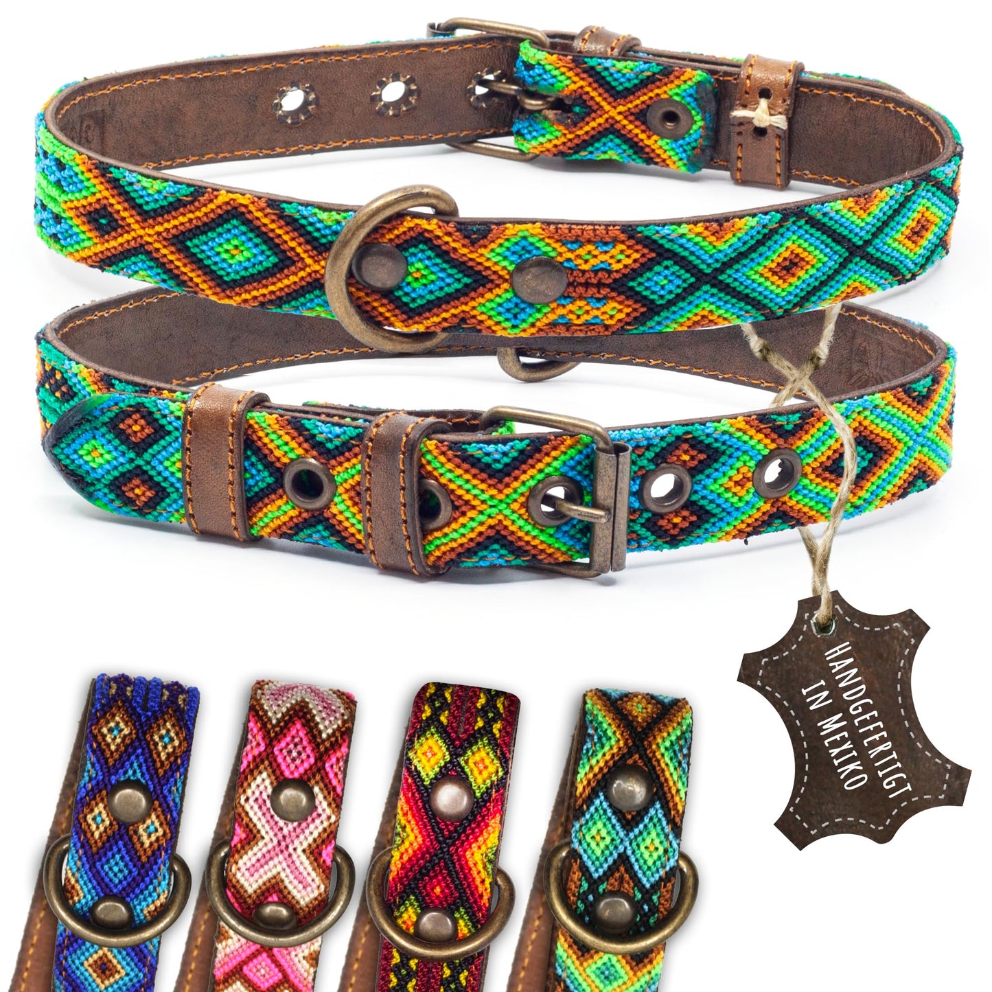 Hundehalsband Leder - braunes Rindsleder Tribal Grün/Braun/Beiges