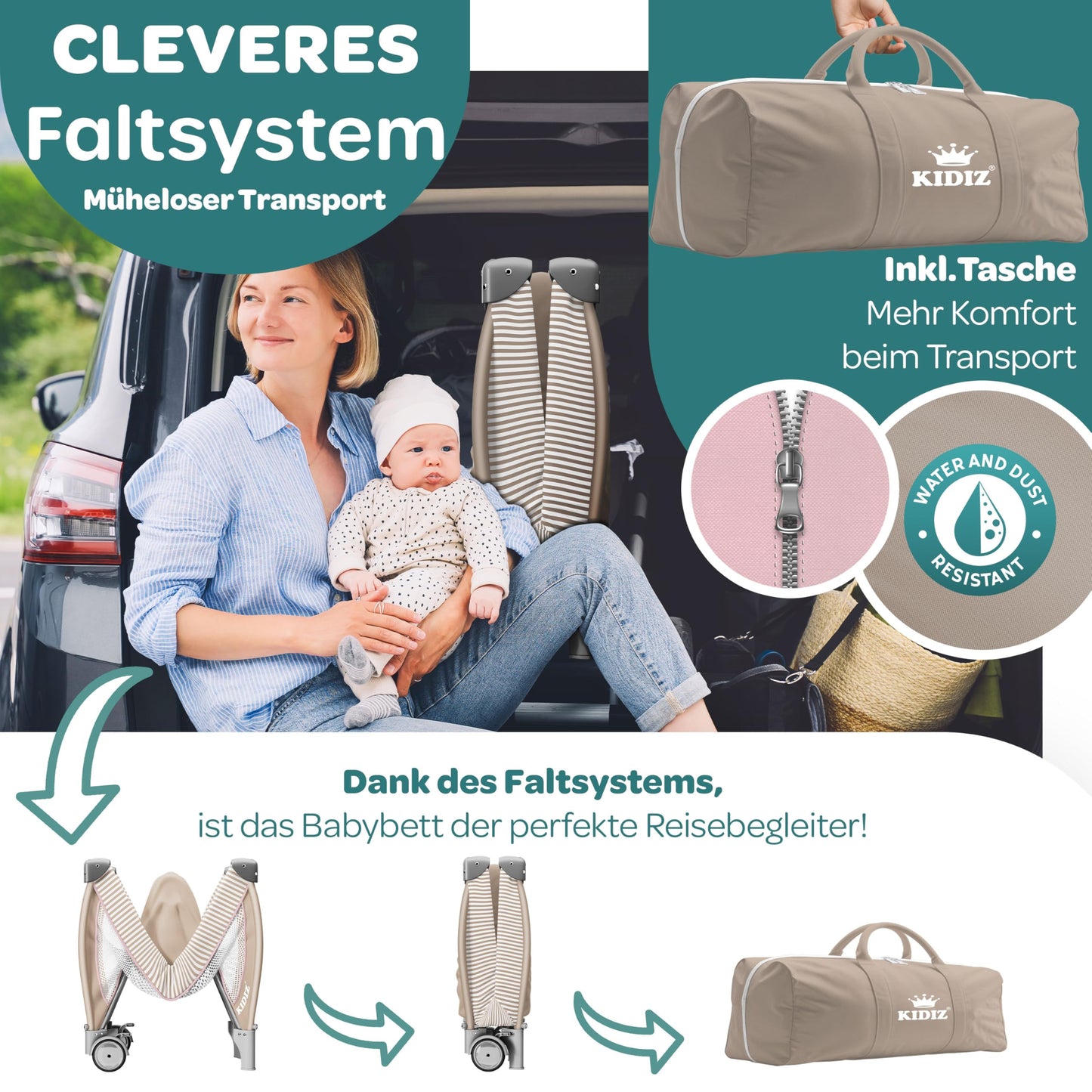 Kidiz Baby Cot, Travel Cot, Foldable with Mattress and Wheels, 120 x 60 cm, Side Entrance