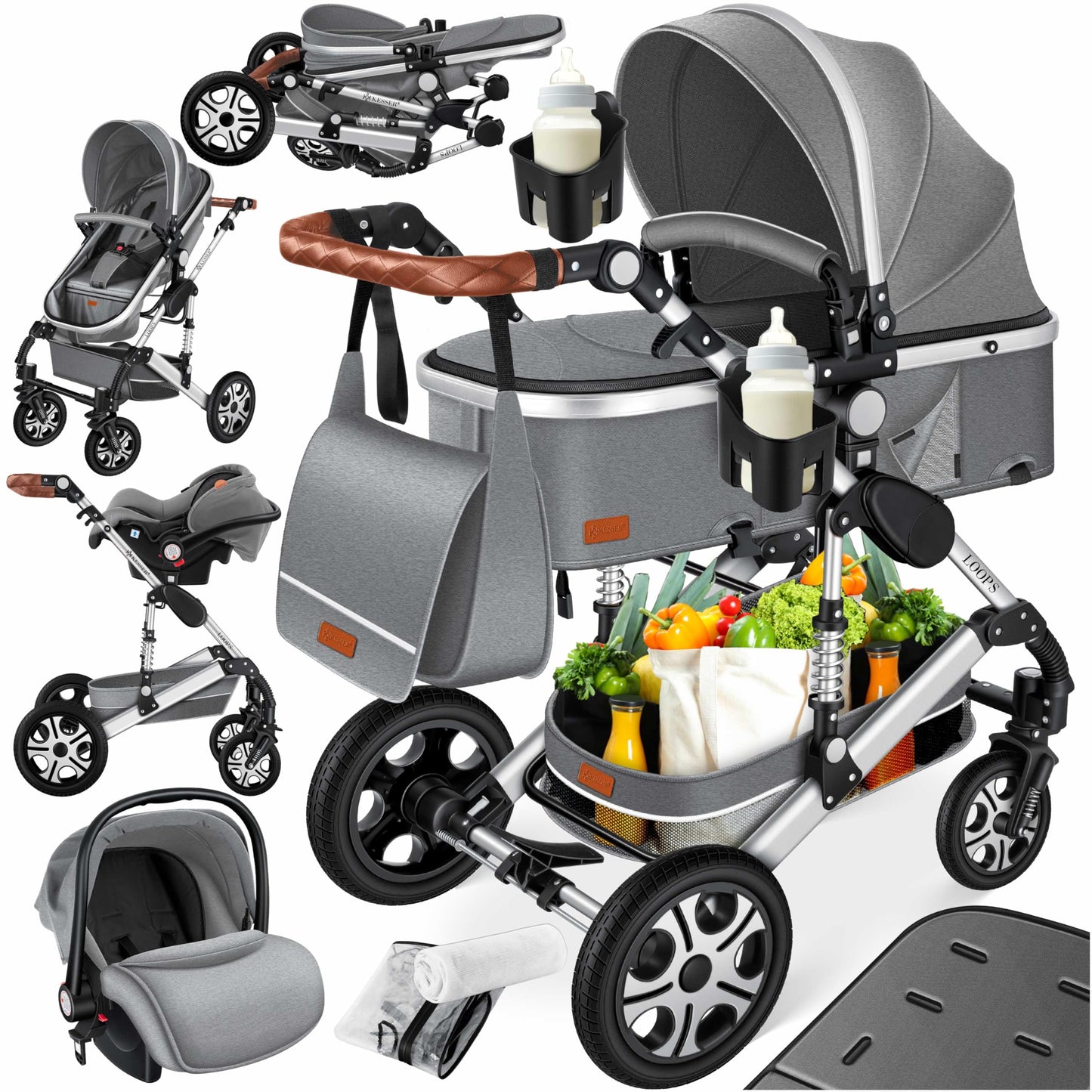 Kesser® Loops 3-in-1 Combination Pram, Complete Set Including Baby Tub & Buggy Sports Seat & Baby Car Seat, Full Rubber Tyres
