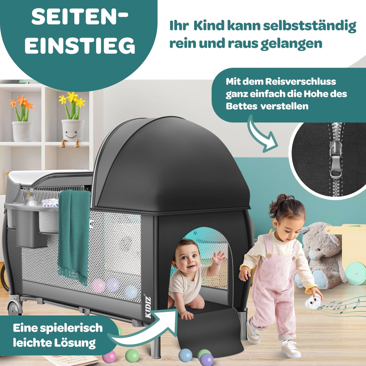 Kidiz Baby Cot, Travel Cot, Foldable with Mattress and Wheels, 120 x 60 cm, Side Entrance