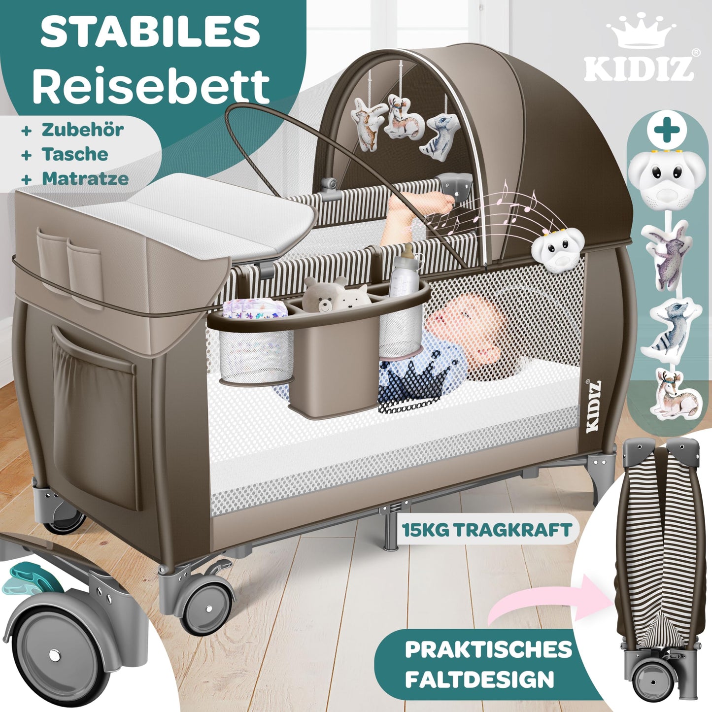 Kidiz Baby Cot, Travel Cot, Foldable with Mattress and Wheels, 120 x 60 cm, Side Entrance