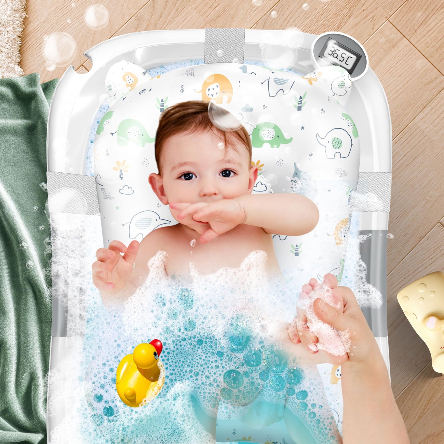 Baby Badewanne | Babywanne platzsparend & faltbar mit Thermostat & Kissen