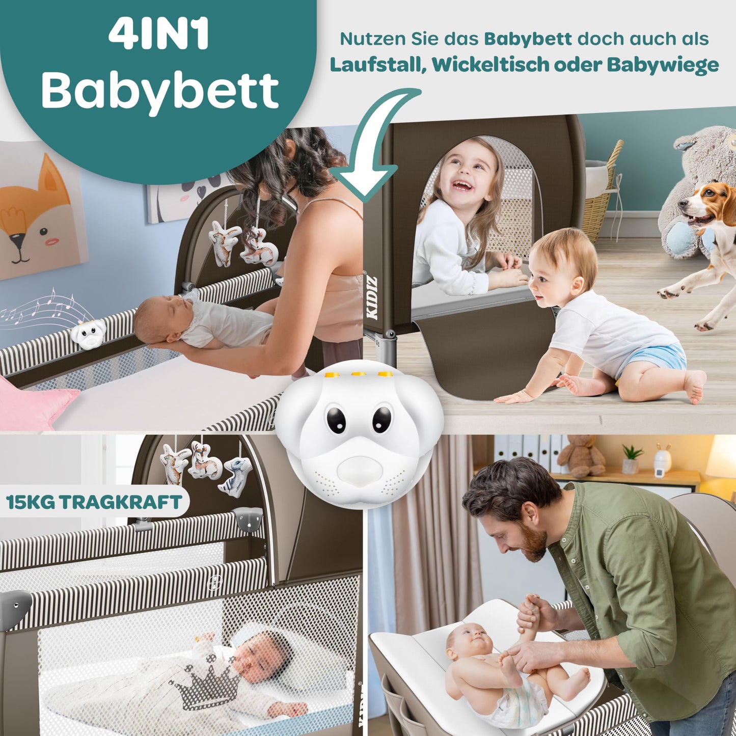 Kidiz Baby Cot, Travel Cot, Foldable with Mattress and Wheels, 120 x 60 cm, Side Entrance