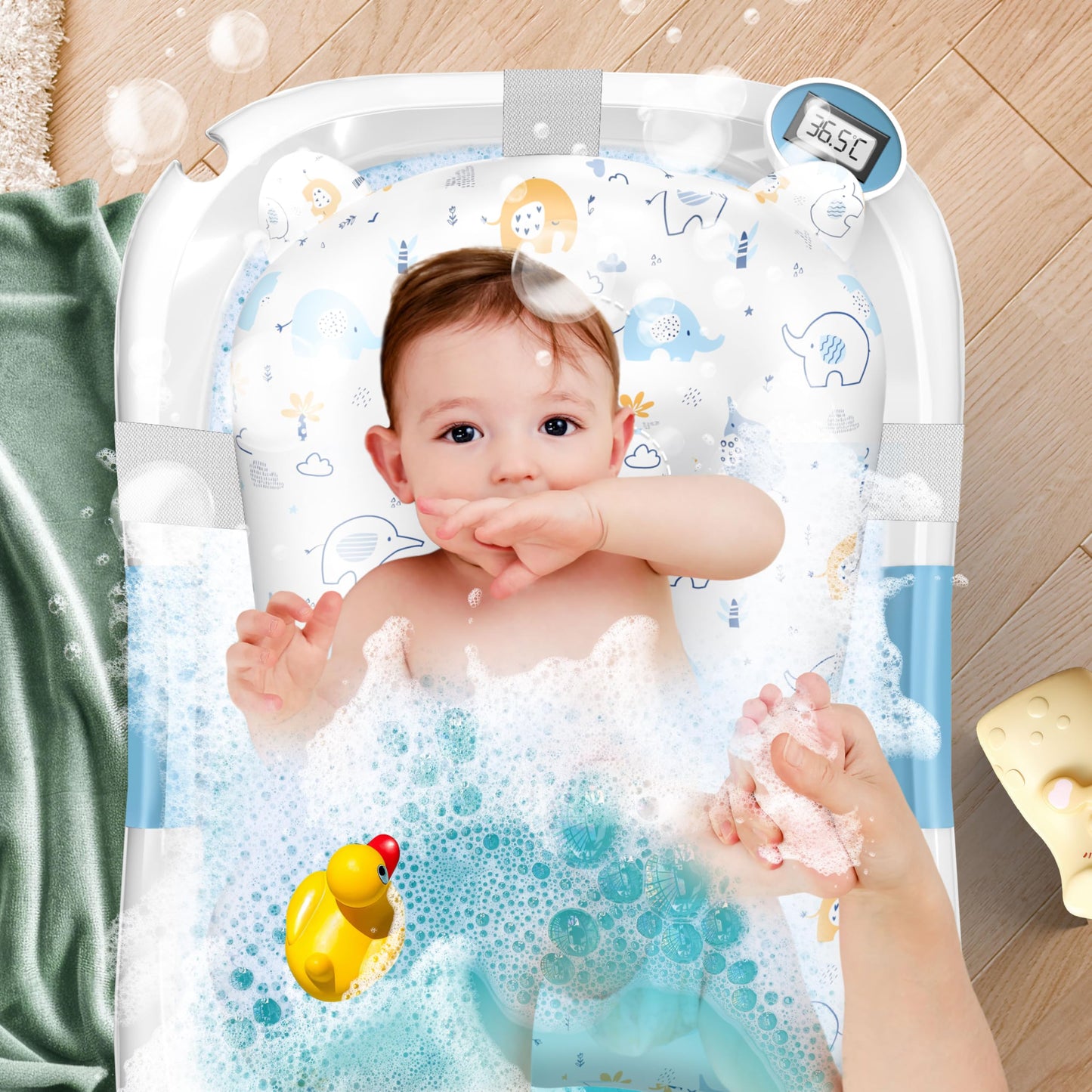 Baby Badewanne | Babywanne platzsparend & faltbar mit Thermostat & Kissen