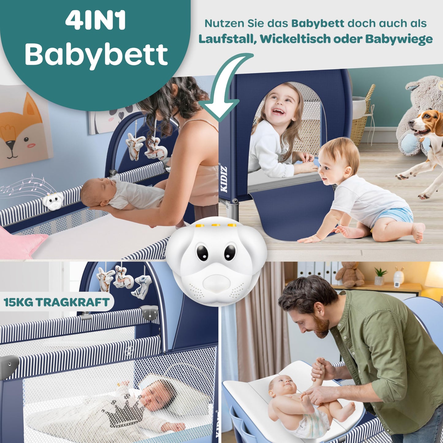 Kidiz Baby Cot, Travel Cot, Foldable with Mattress and Wheels, 120 x 60 cm, Side Entrance