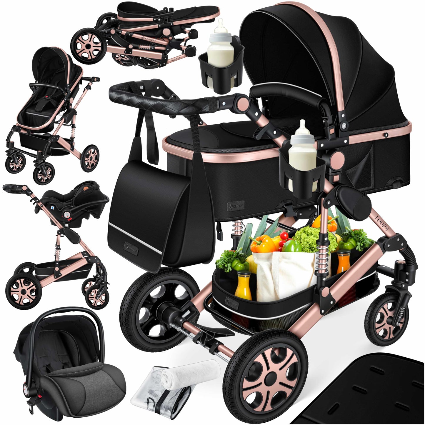 Kesser® Loops 3-in-1 Combination Pram, Complete Set Including Baby Tub & Buggy Sports Seat & Baby Car Seat, Full Rubber Tyres