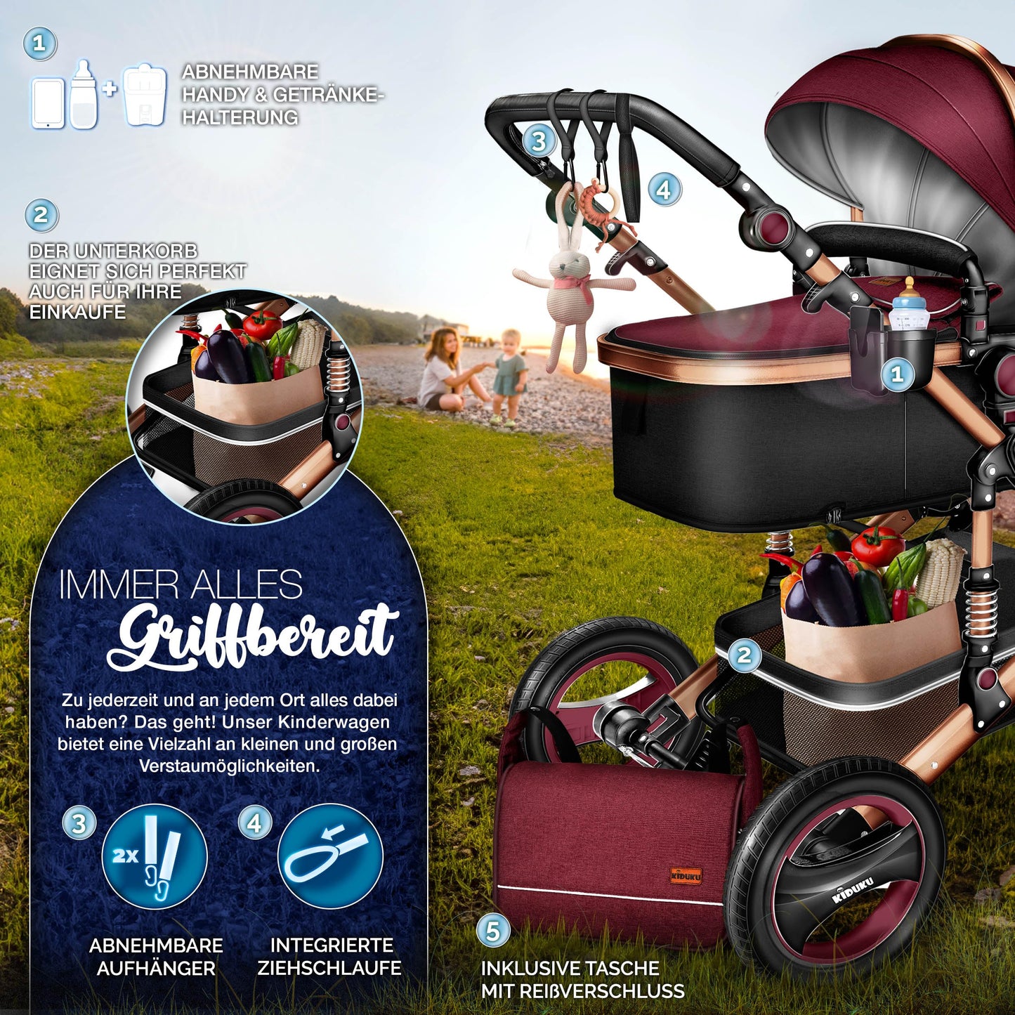 3-in-1 XXL Complete Pram Set incl. Baby Carrycot, Buggy, Sports Seat & Car Seat