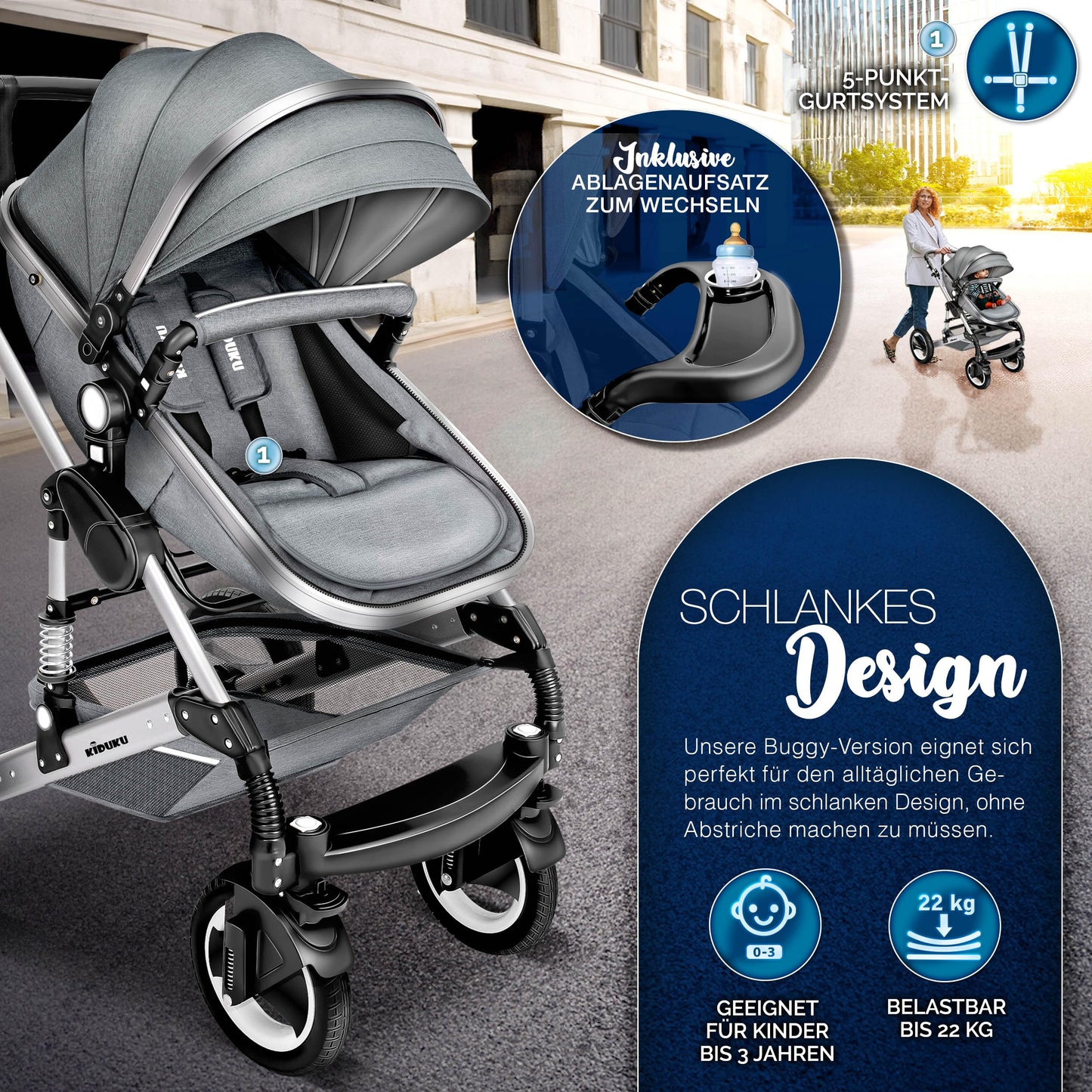 3-in-1 XXL Complete Pram Set incl. Baby Carrycot, Buggy, Sports Seat & Car Seat
