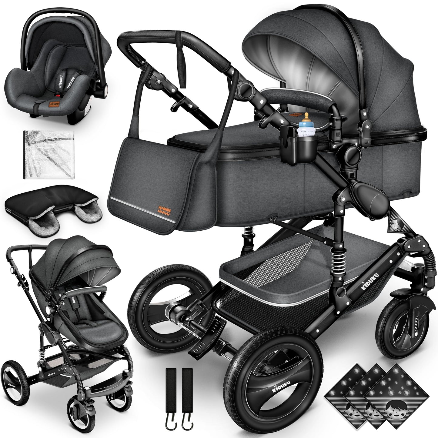 3-in-1 XXL Complete Pram Set incl. Baby Carrycot, Buggy, Sports Seat & Car Seat