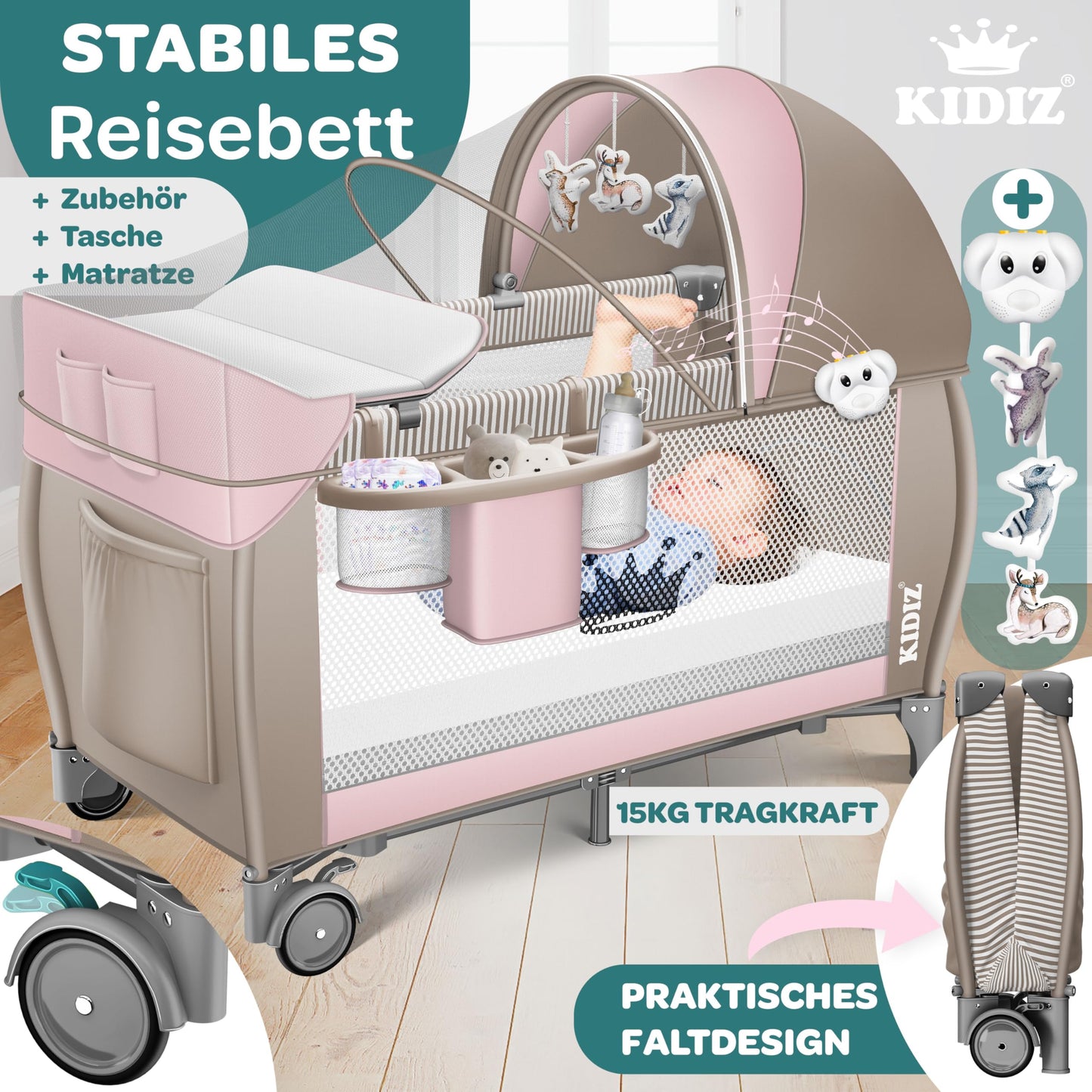 Kidiz Baby Cot, Travel Cot, Foldable with Mattress and Wheels, 120 x 60 cm, Side Entrance