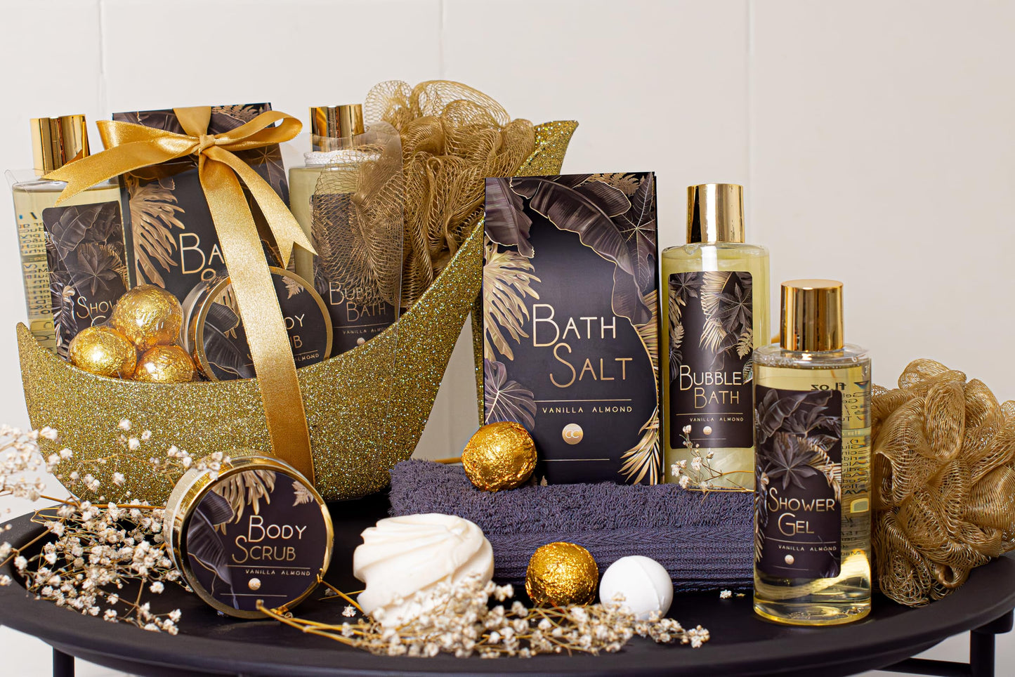 Accentra Luxury Bath Set Gift Set in Beautiful Golden Glitter Pumps, 9-Piece Luxury Beauty Set Shower Set - for a Relaxed Spa Experience