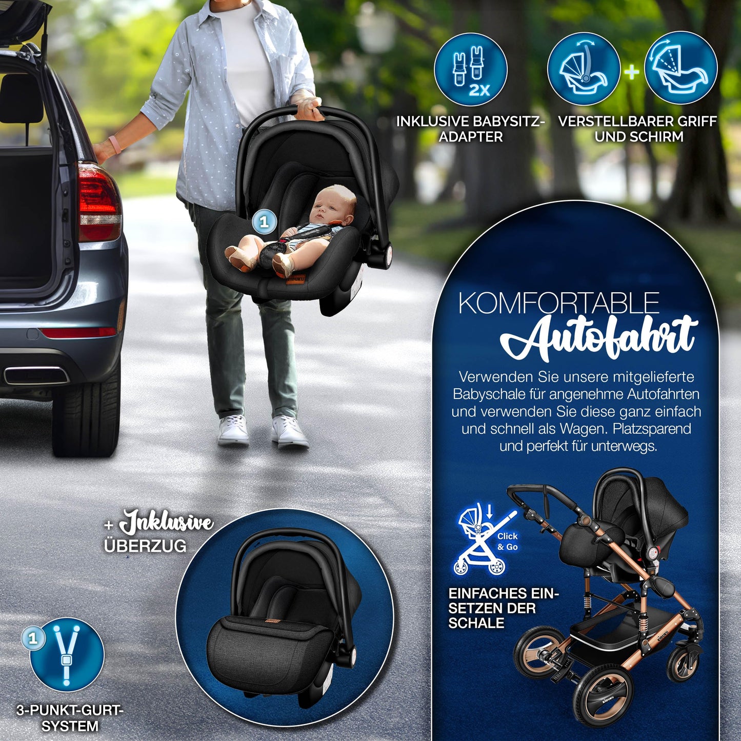 3-in-1 XXL Complete Pram Set incl. Baby Carrycot, Buggy, Sports Seat & Car Seat