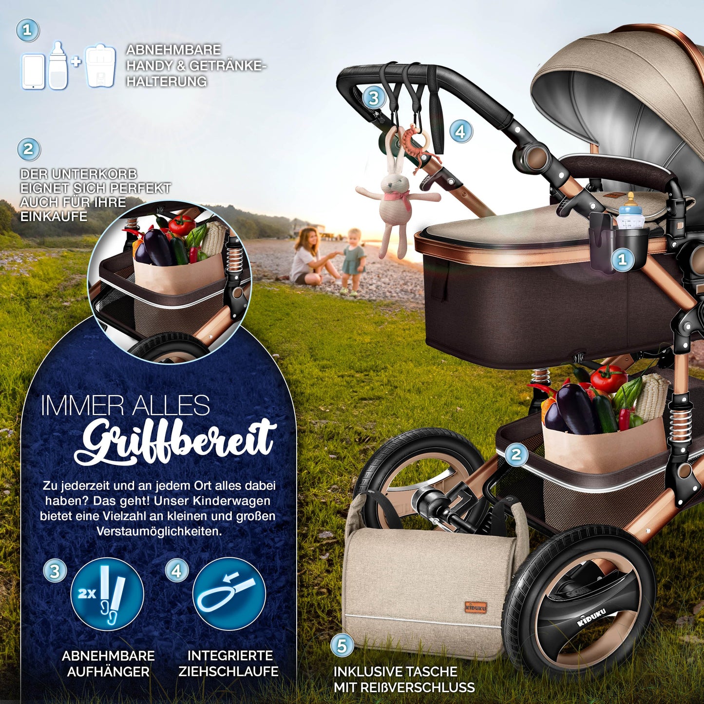 3-in-1 XXL Complete Pram Set incl. Baby Carrycot, Buggy, Sports Seat & Car Seat
