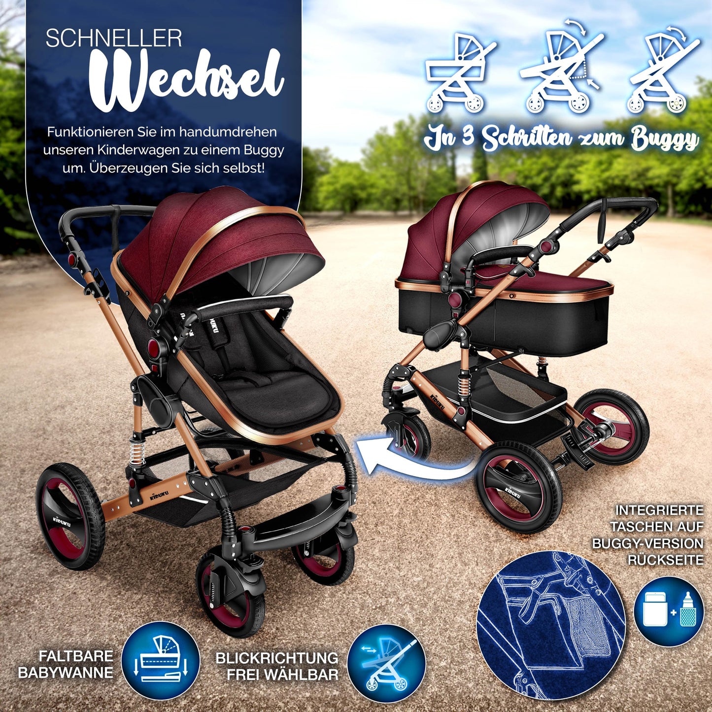 3-in-1 XXL Complete Pram Set incl. Baby Carrycot, Buggy, Sports Seat & Car Seat