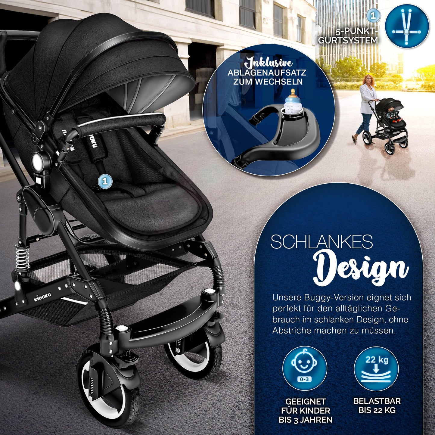 3-in-1 XXL Complete Pram Set incl. Baby Carrycot, Buggy, Sports Seat & Car Seat