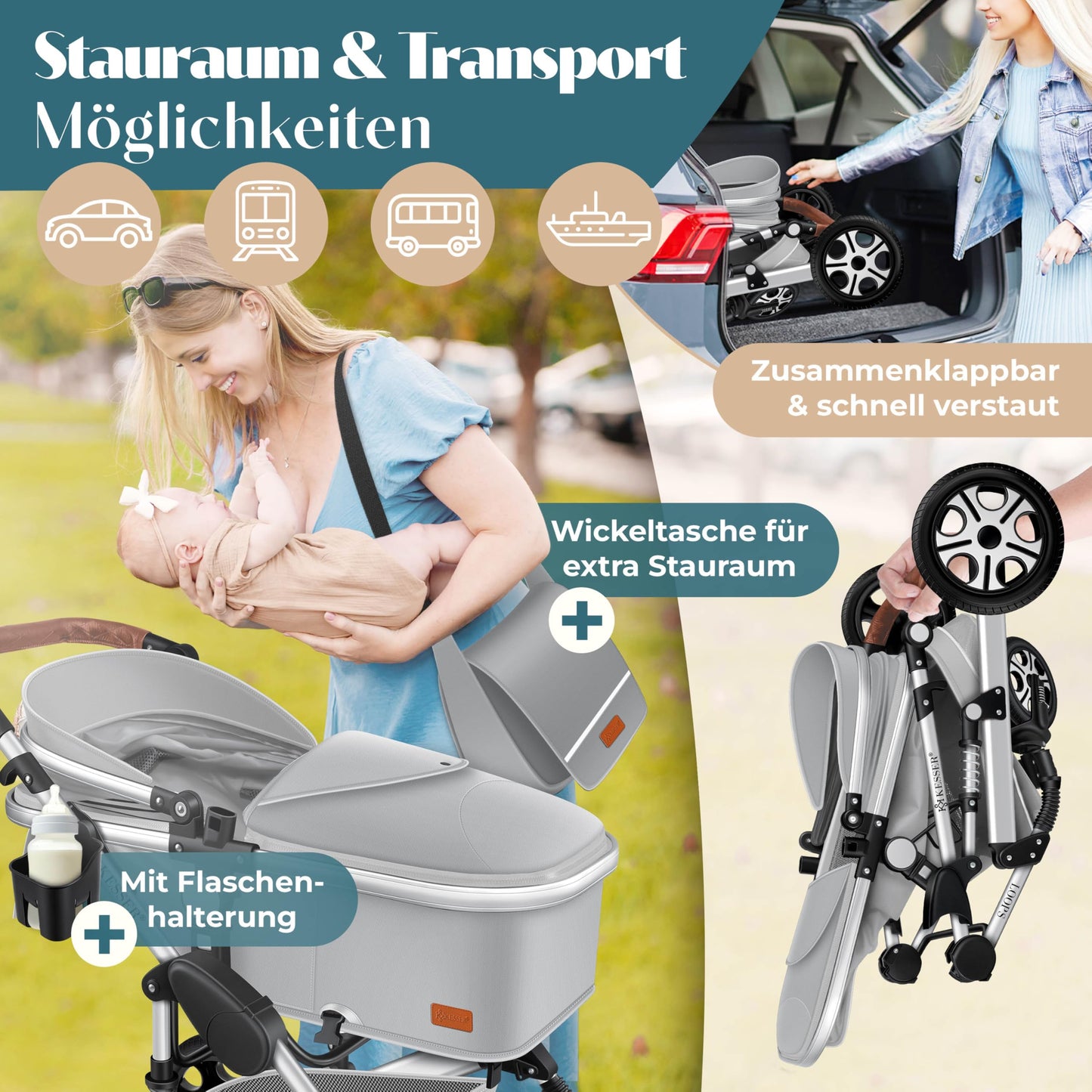 Kesser® Loops 3-in-1 Combination Pram, Complete Set Including Baby Tub & Buggy Sports Seat & Baby Car Seat, Full Rubber Tyres