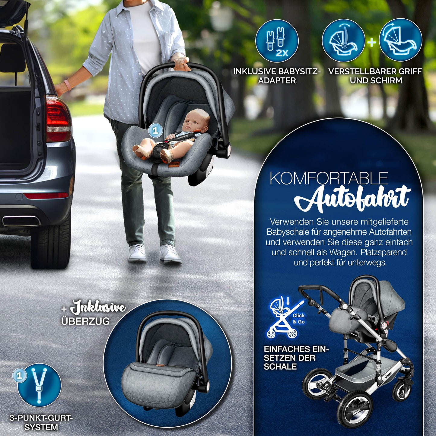 3-in-1 XXL Complete Pram Set incl. Baby Carrycot, Buggy, Sports Seat & Car Seat
