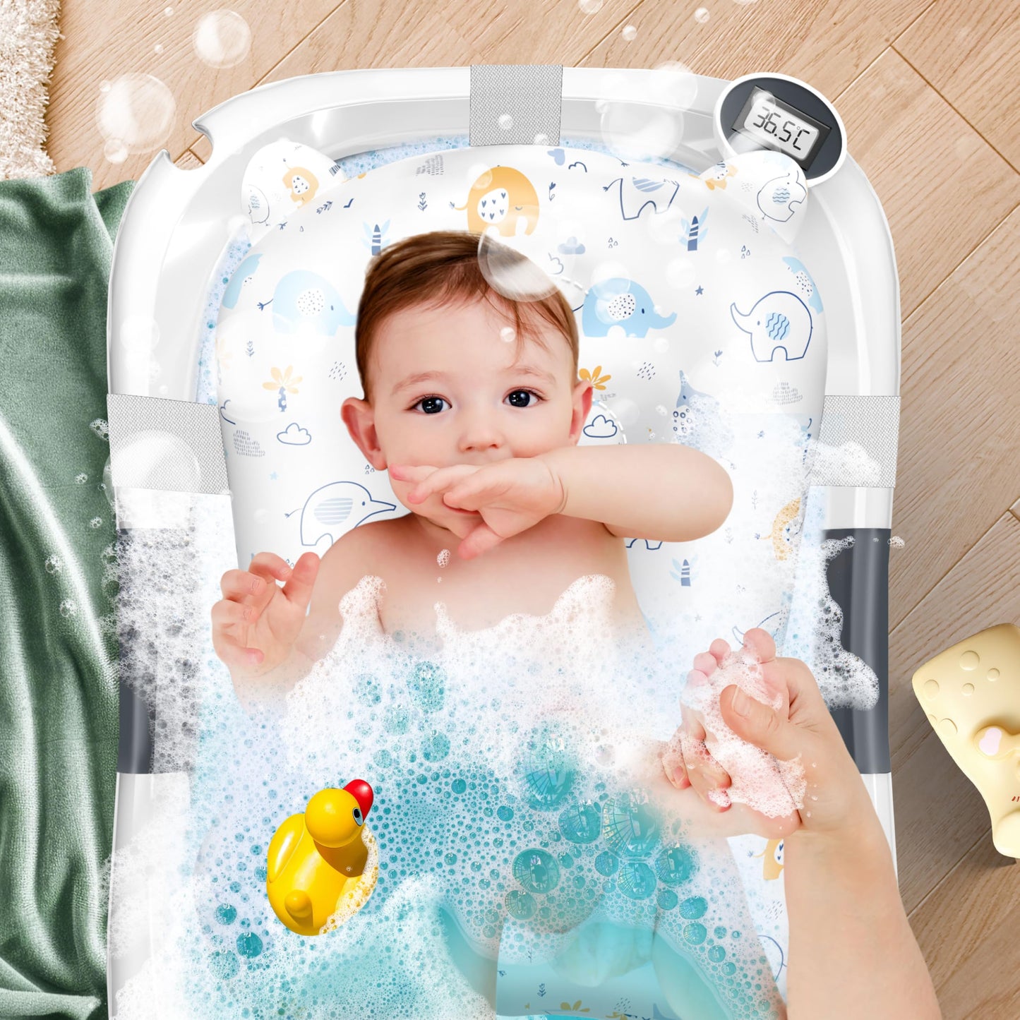 Baby Badewanne | Babywanne platzsparend & faltbar mit Thermostat & Kissen