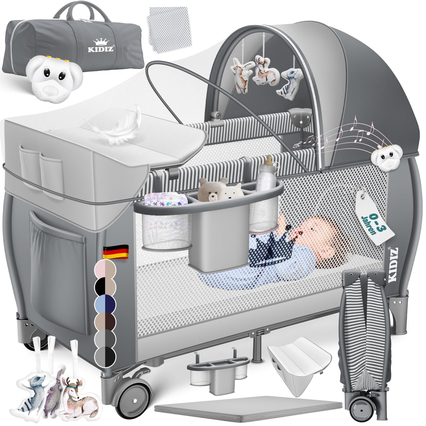 Kidiz Baby Cot, Travel Cot, Foldable with Mattress and Wheels, 120 x 60 cm, Side Entrance