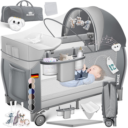 Kidiz Baby Cot, Travel Cot, Foldable with Mattress and Wheels, 120 x 60 cm, Side Entrance
