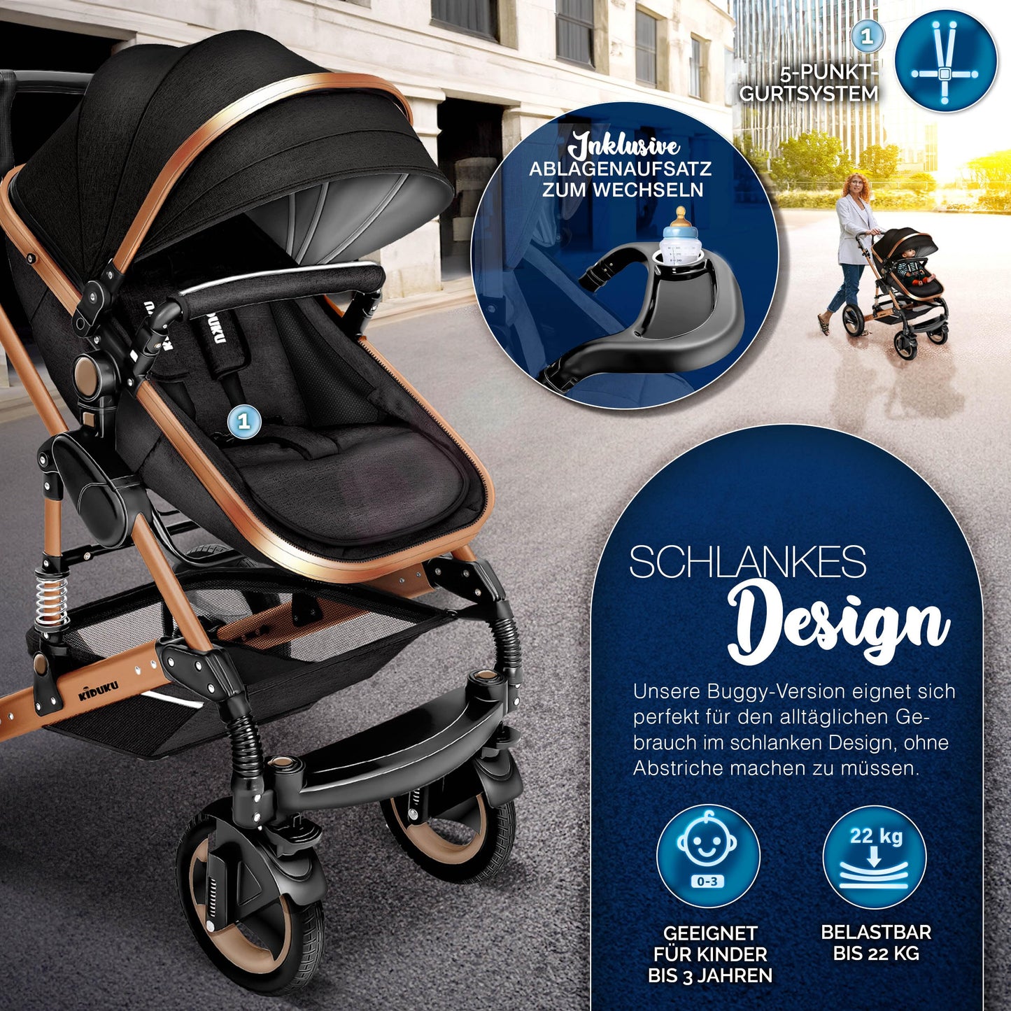 3-in-1 XXL Complete Pram Set incl. Baby Carrycot, Buggy, Sports Seat & Car Seat