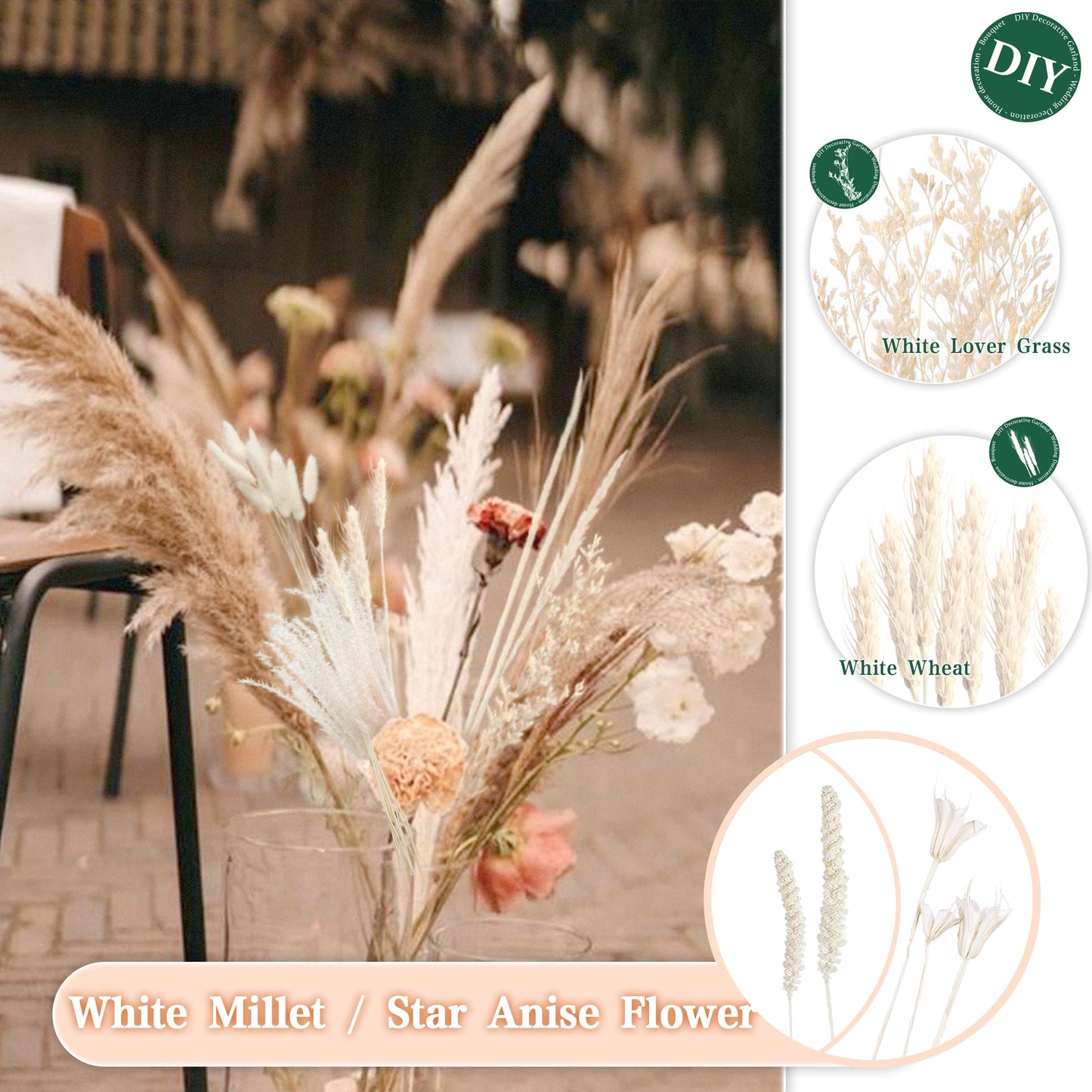 Pampasgras Getrocknet - Natürliche, Braun, Trockenblumen Strauß Dried Flowers, für Heim Decor