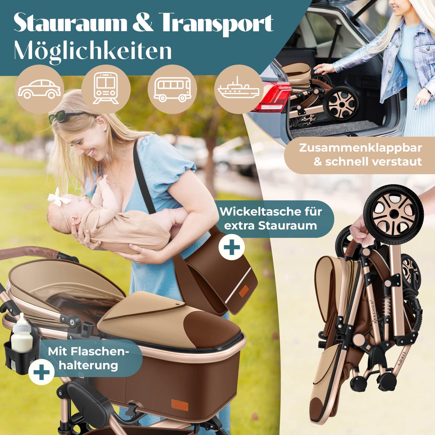 Kesser® Loops 3-in-1 Combination Pram, Complete Set Including Baby Tub & Buggy Sports Seat & Baby Car Seat, Full Rubber Tyres