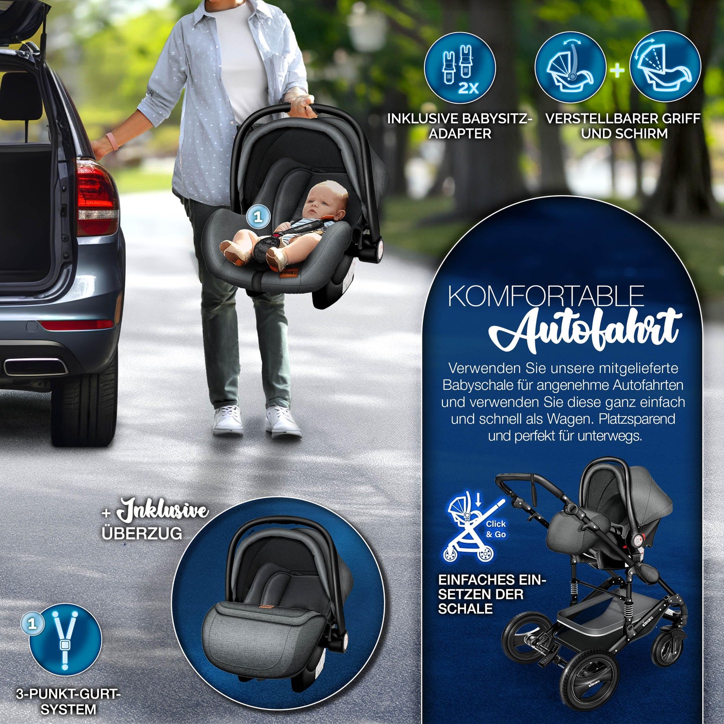 3-in-1 XXL Complete Pram Set incl. Baby Carrycot, Buggy, Sports Seat & Car Seat