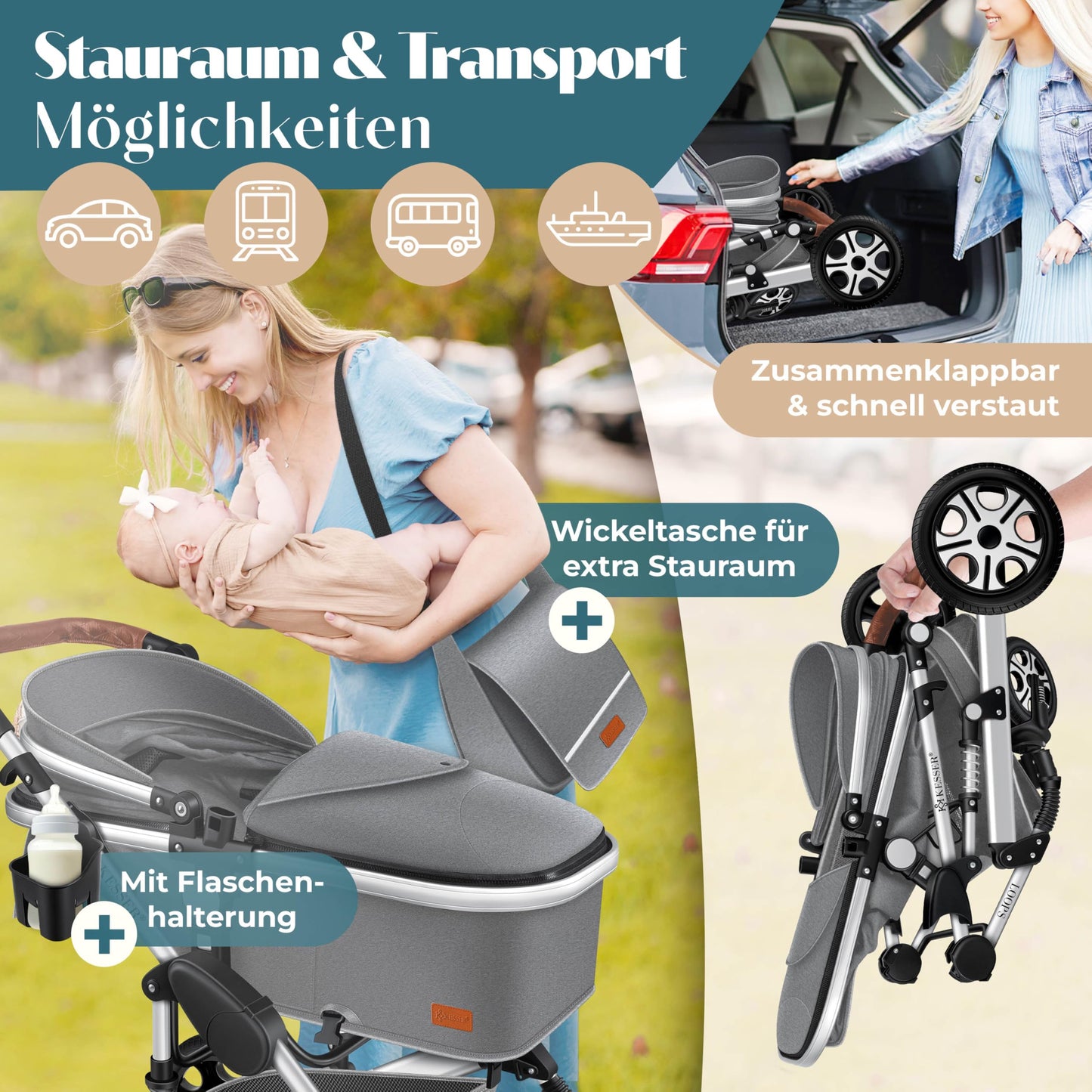 Kesser® Loops 3-in-1 Combination Pram, Complete Set Including Baby Tub & Buggy Sports Seat & Baby Car Seat, Full Rubber Tyres