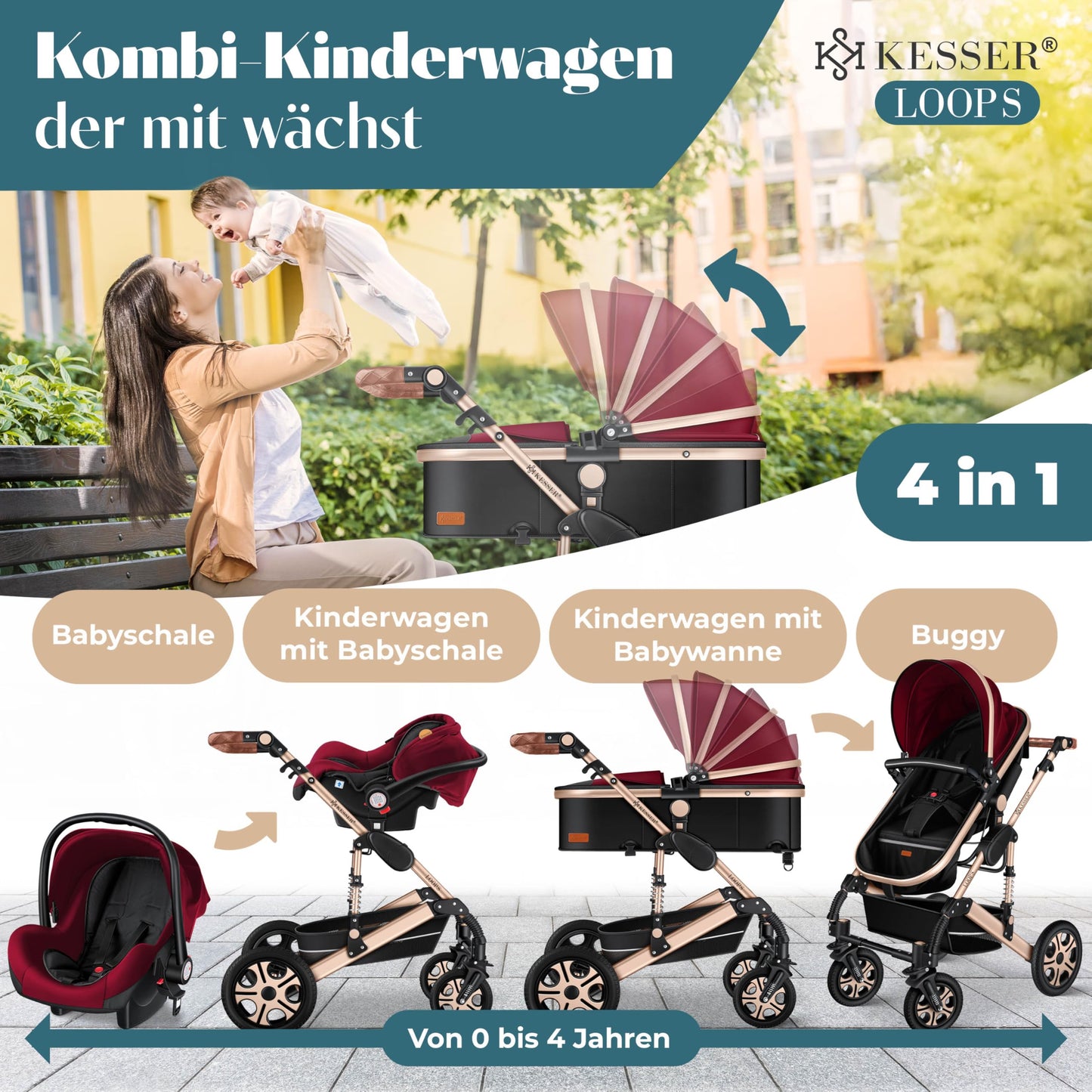 Kesser® Loops 3-in-1 Combination Pram, Complete Set Including Baby Tub & Buggy Sports Seat & Baby Car Seat, Full Rubber Tyres