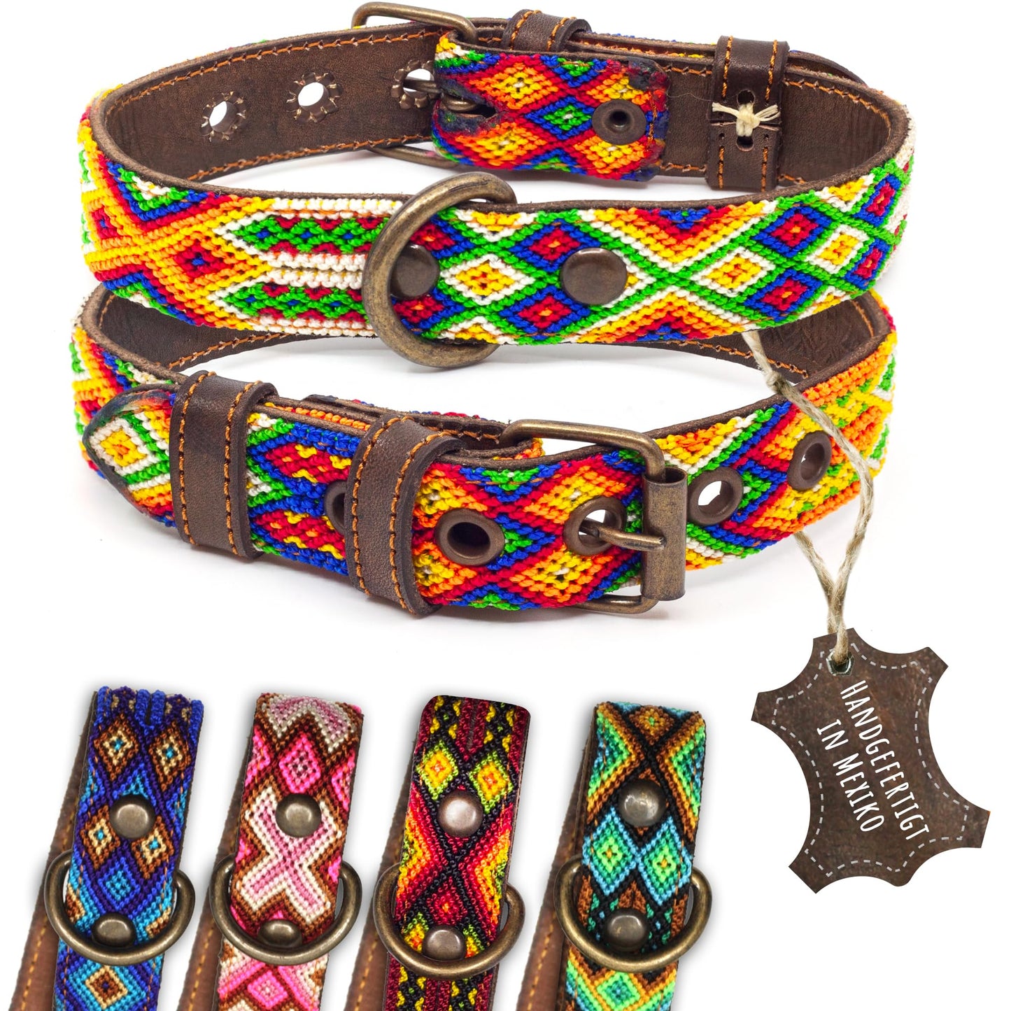 Hundehalsband Leder - braunes Rindsleder Tribal Grün/Braun/Beiges