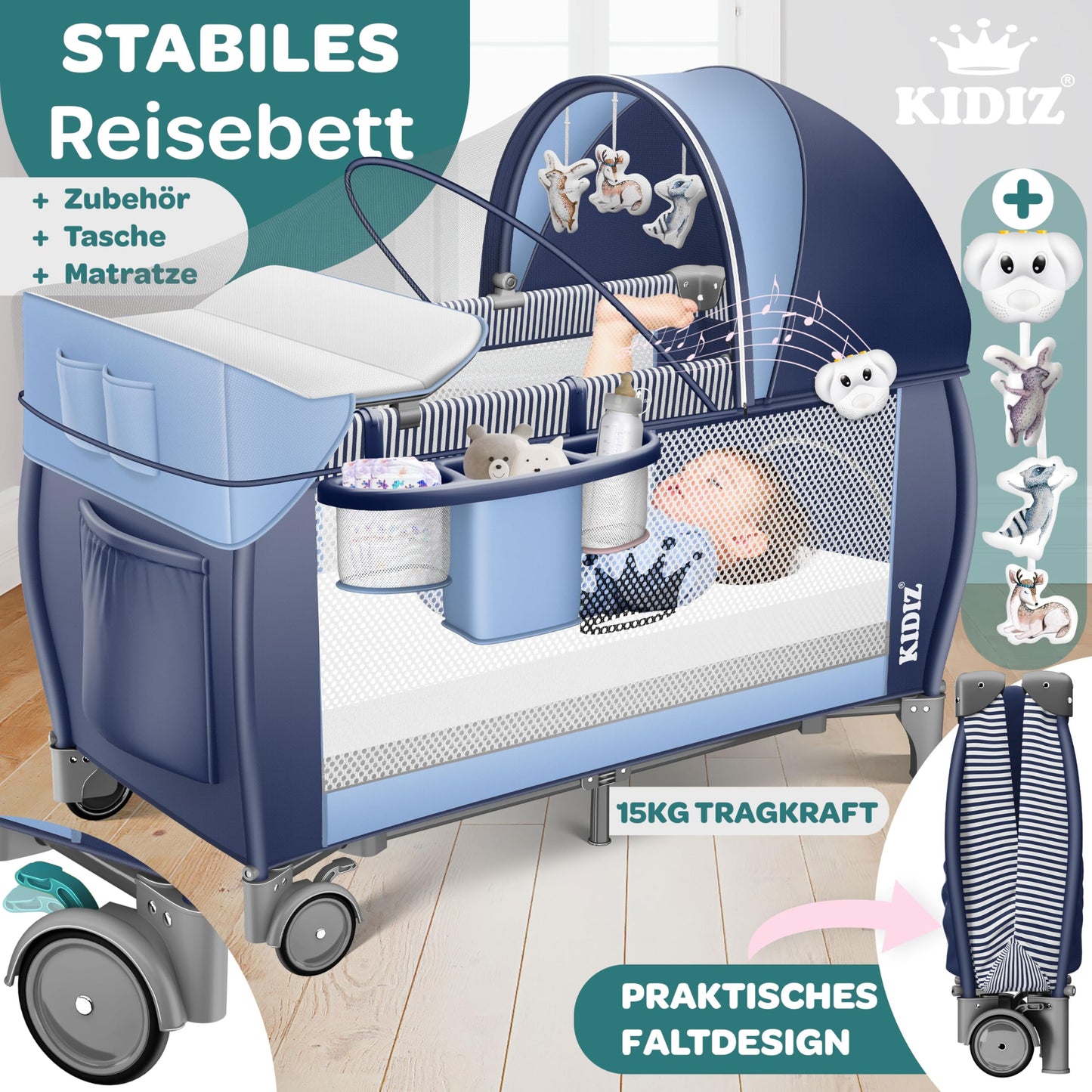 Kidiz Baby Cot, Travel Cot, Foldable with Mattress and Wheels, 120 x 60 cm, Side Entrance
